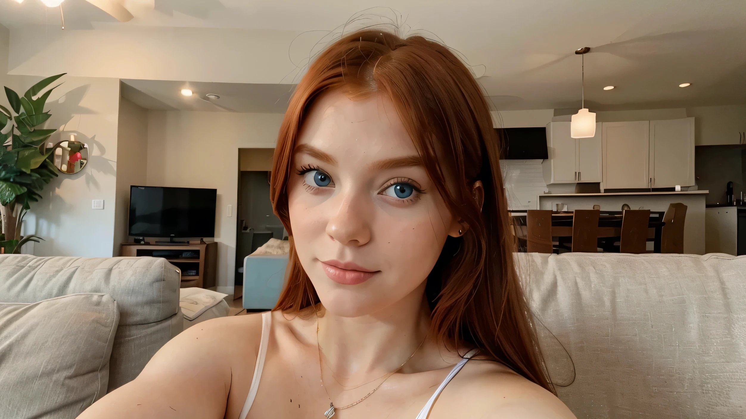 selfie ,of a cute redhead , blue eyes girl, american girl ;, in a bright living room , youtuber ambiance, influencer.
