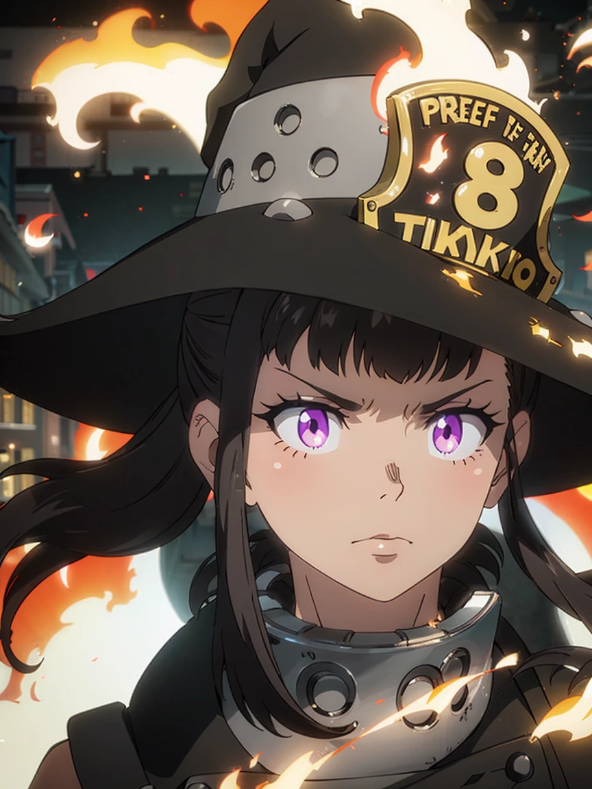 Maki, 1girl, solo, ponytail, bangs, muscles, ((witch dress and hat)), halloween, glowing eyes, serious expression, candy, night time, row of houses in background, perfect quality, good quality, masterpiece, HDR, UHD, fireballs, fire elemental, flames, elegant delicate, reflection, shine