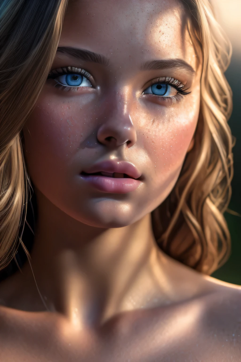 (Full body shot) naked, sexy , petit body, cute, blonde, perfect bright eyes, natural beauty, messy wet hair, shy, little freckles, taking a shower in the morning, realistic water, perfect cute face, big ass, wide hips, naked ass, nude, from behind, big nude ass