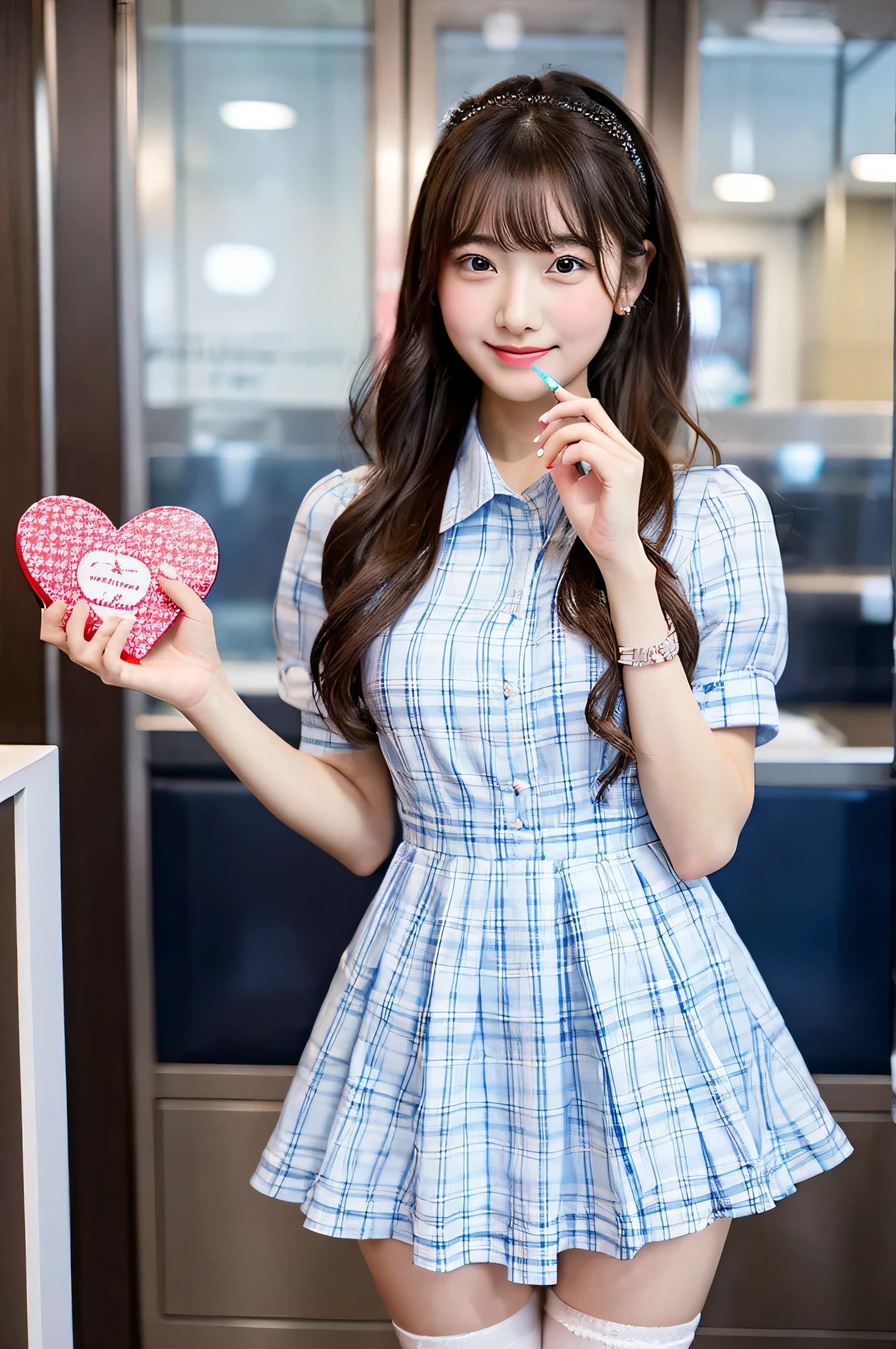 Hold Valentine's Day's day chocolate in both hands、An 18-year-old high school girl wearing a super miniskirt with a light blue plaid pattern and a white dress shirt.