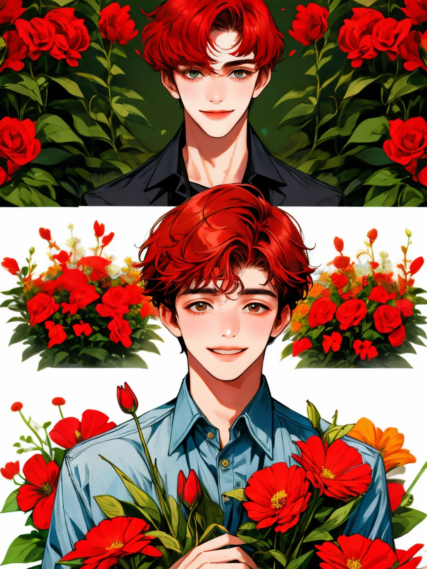 masterpiece, collage of teenage boy holding flowers, short red hair, happy, colorful flowers
