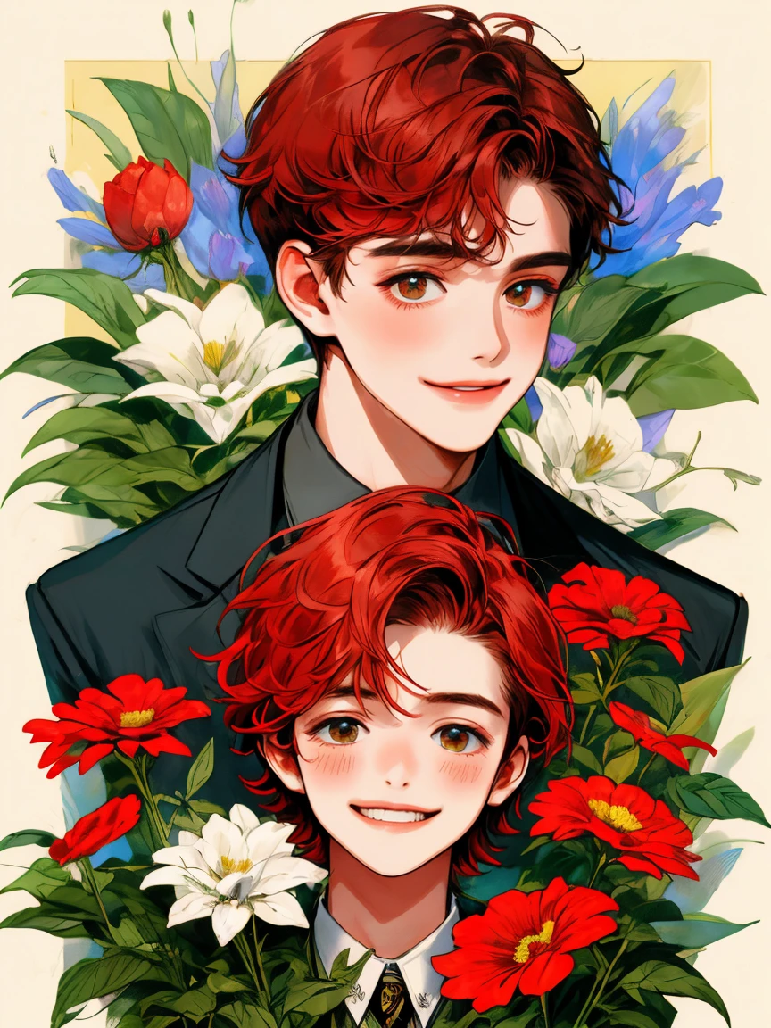 masterpiece, collage of teenage boy holding flowers, happy