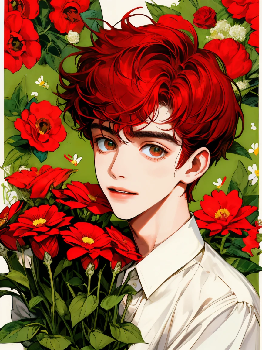 masterpiece, collage of boy holding flowers, short red hair, happy, colorful flowers