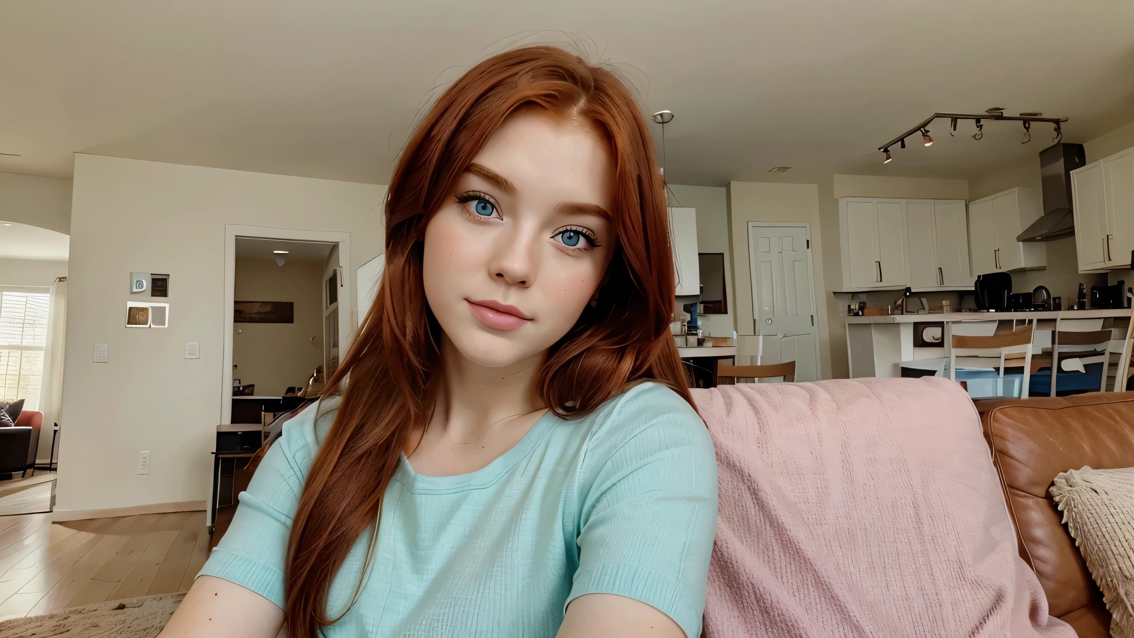 selfie ,of a cute redhead , blue eyes girl, american girl ;, in a bright living room , youtuber ambiance, influencer.