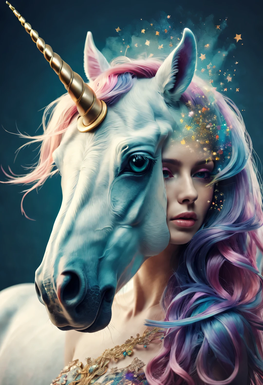 Double exposure style,(unicorn), portrait, Beautiful detailed