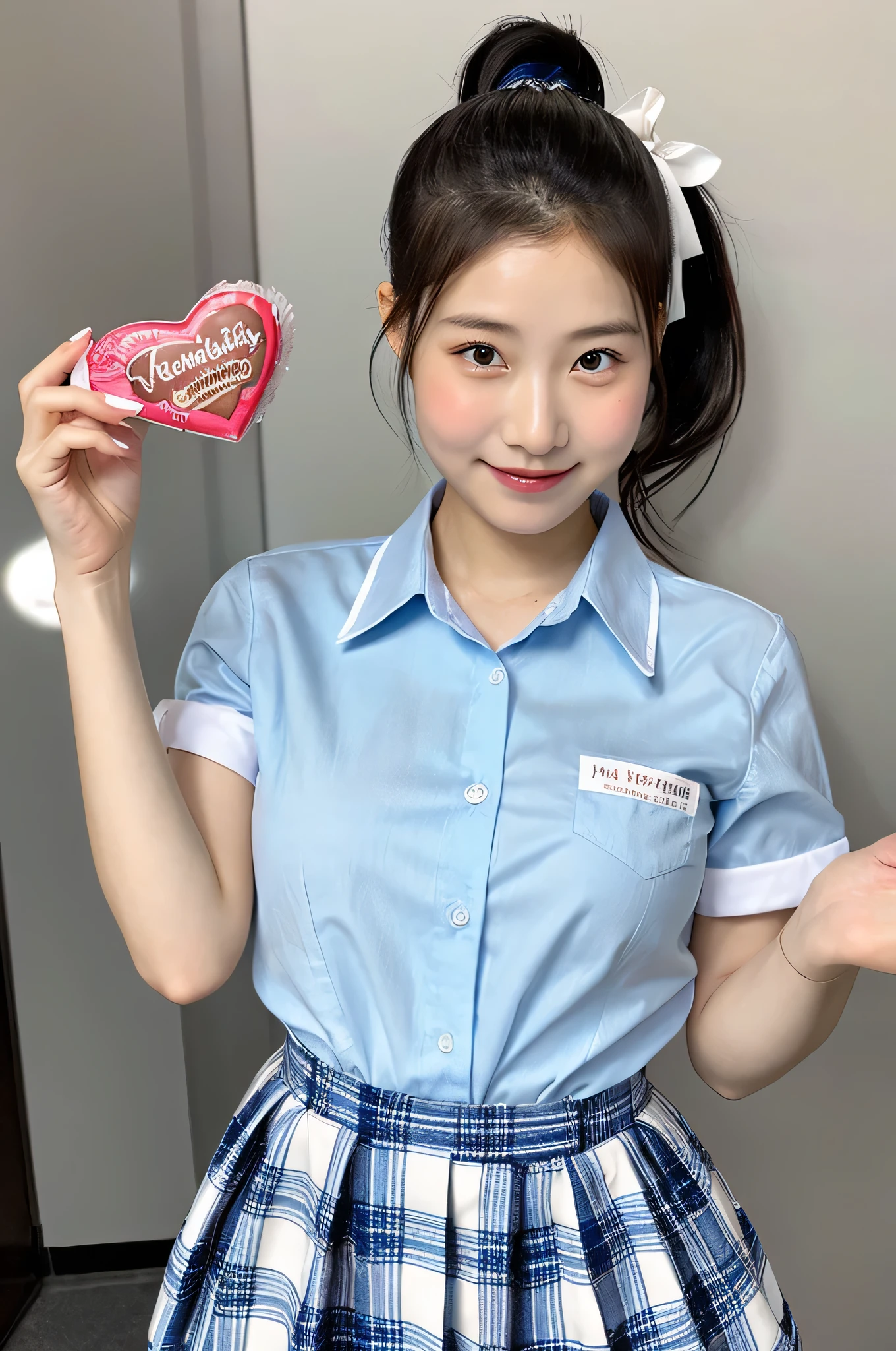 Hold Valentine's Day's day chocolate in both hands、An 18-year-old high school girl wearing a super miniskirt with a light blue plaid pattern and a white dress shirt.(black hair ponytail)