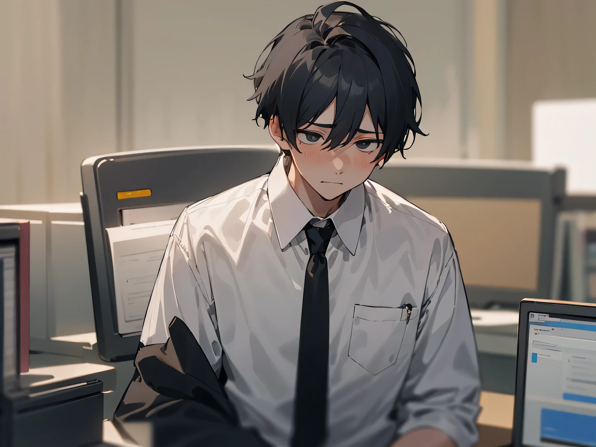 1boy,adult,bashful,tired expression,Business suit,whiteshirt,upper body,necktie,dark circles under the eyes,pants,best quaity,employee,face detail,office,(background office)