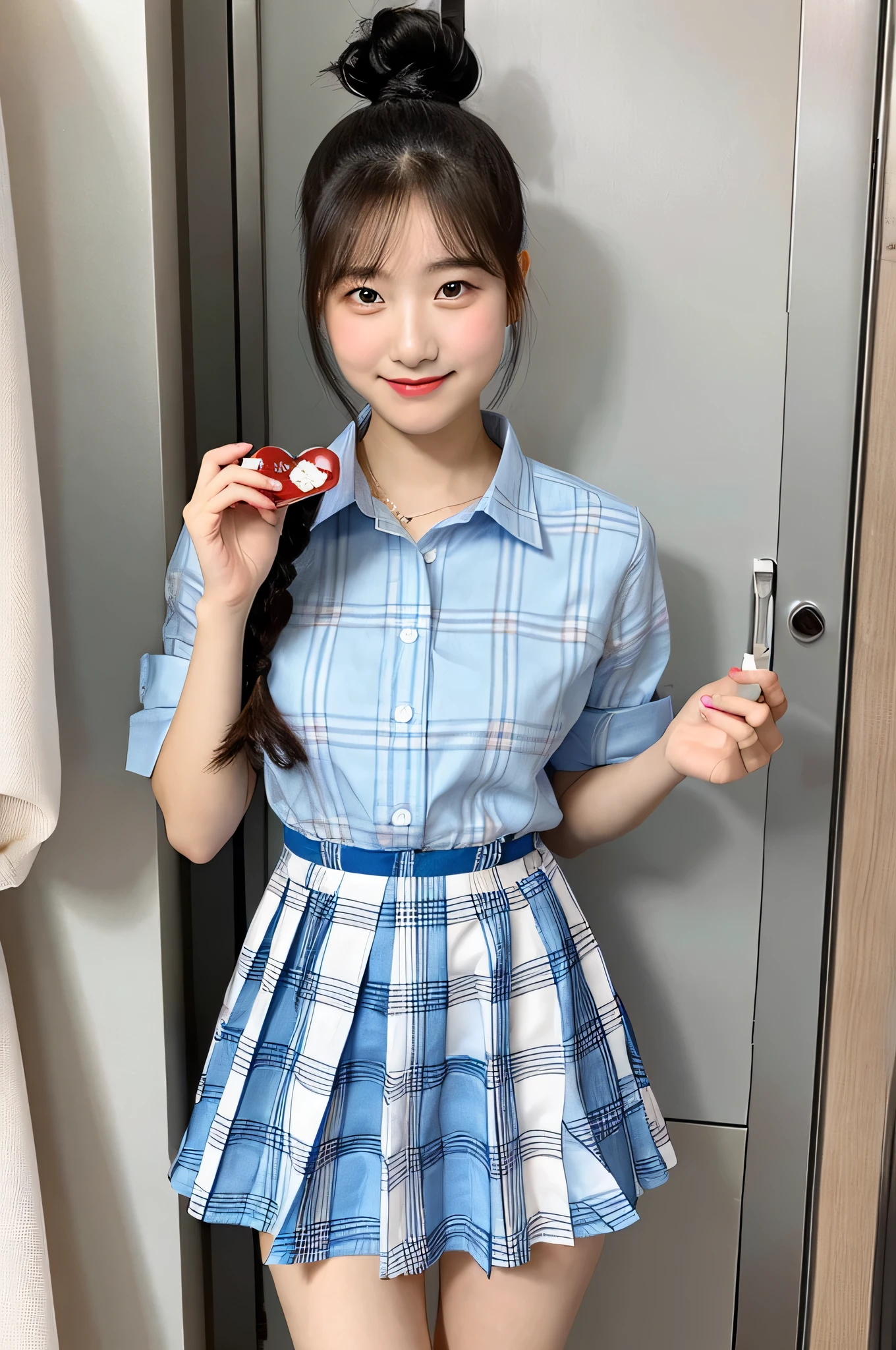 Hold Valentine&#39;s Day&#39;s day chocolate in both hands、An 18-year-old high school girl wearing a super miniskirt with a light blue plaid pattern and a white dress shirt.（black hair ponytail）