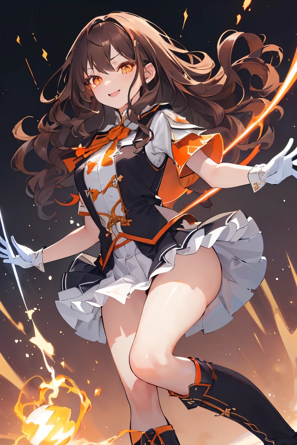 (((1girl))), ((best quality)), ((masterpiece)), ((ultra-detailed)), (illustration), (detailed light), (an extremely delicate and beautiful), (beautiful detailed eyes), (sunlight), ((extremely light)), ((extremely clothes)), (((hyper detail))),(((((front lighting))))),(((((front light))))),
((((quite adorable Novice Warlock's uniform with a brief skirt)))), (((Novice Warlock))),
,
(((wavy long hair))), ((((dark brown hair)))), (((long hair))),
(((deep orange eyes))),
(whole body), aged 5 to 8, ((((())))), ((((very adorable young girl)))),
((condescending expression)), ((mischievous smile with sexual satisfaction)), (((extra adorable))), (((((extra slender shape))))),
(((((extremely beautiful detailed face))))),
(((attacking enemies by a spell of electric shock))), (((elegant magic boots))),
((Dutch angle)), (((white gloves))), ((transparent magical underskirt)), (a little bit exposed adorable white panties)