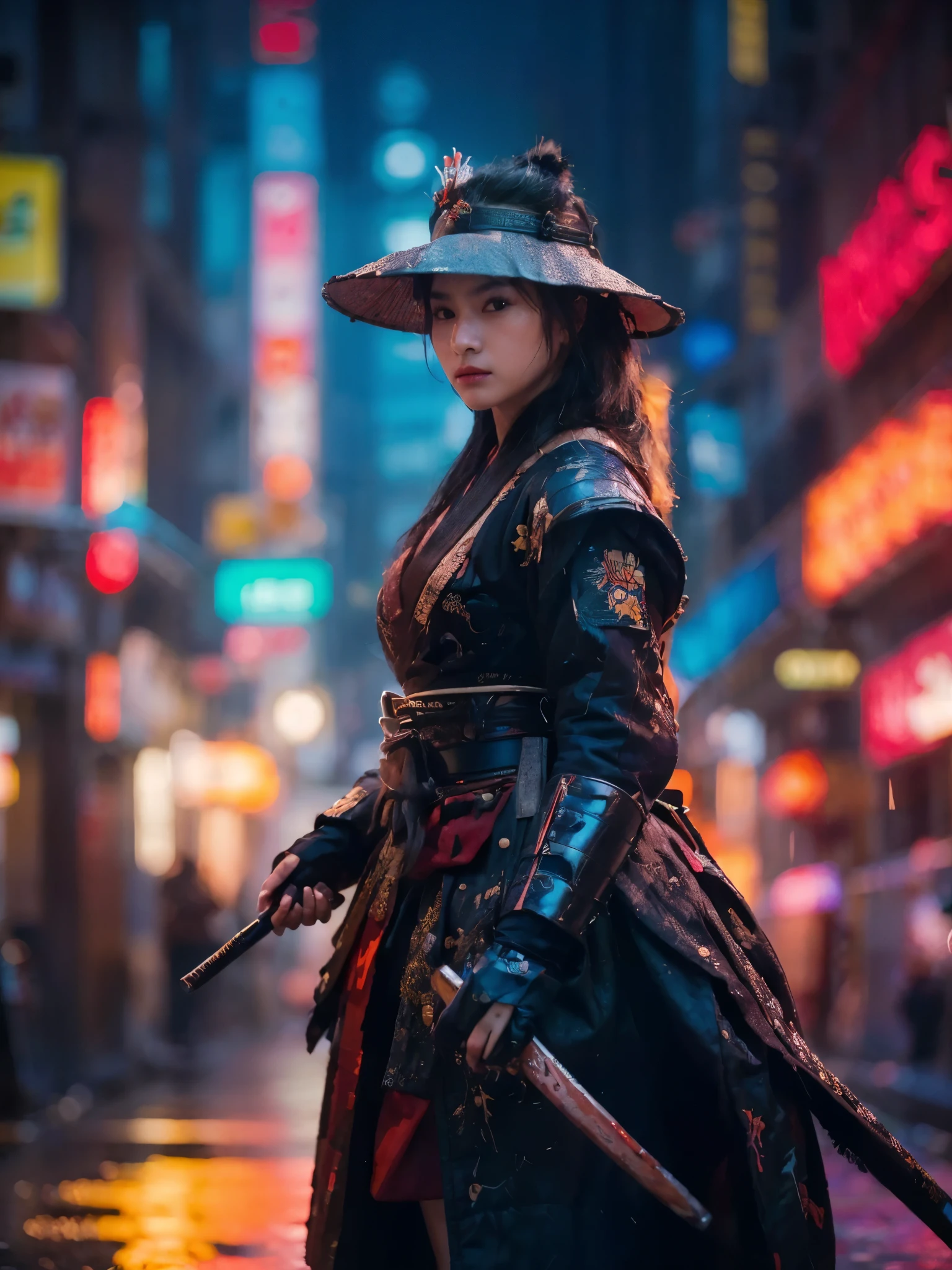 1girl,Tokyo Street,night,cityscape,facial details,city lights,half body view,big ,cleavage,8k,RAW photo,best quality,masterpiece,realistic,photo-realistic,best quality,masterpiece,very high resolution , (photorealistic:1.3 ), 8K, raw photo, 1girl, ninja armor, outdoors, old Japanese town, from below, (holding katana:1.2), katana, ninja girl, natural skin texture, samurai, skin pores , natural skin texture, dynamic pose, film grain,