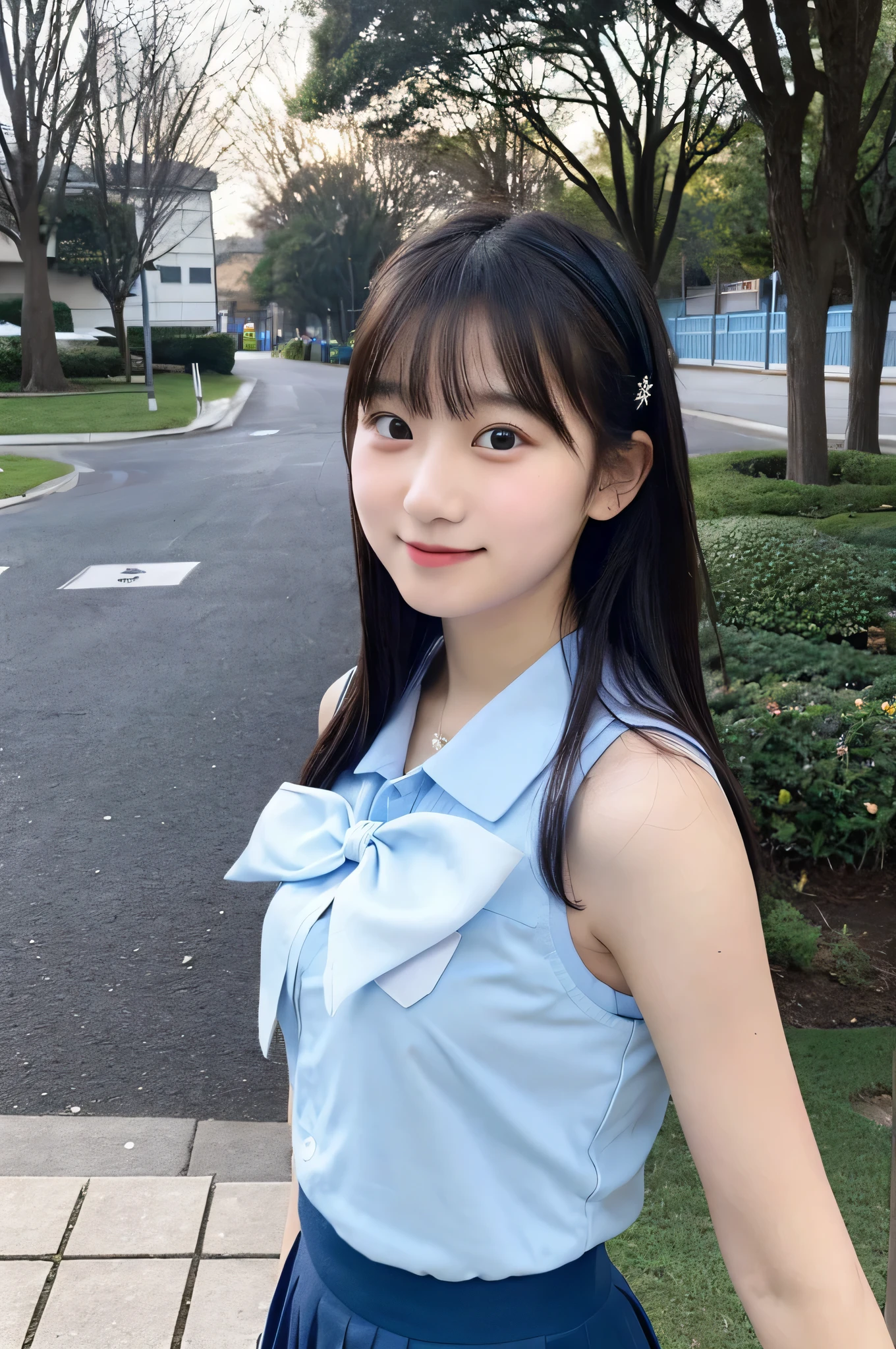 there is valentine's day chocolate、An 18-year-old high school girl wearing a light blue miniskirt and a white shirt.(black hair)