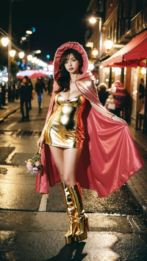 (UHD,16K,RAW photo, high quality:1.2, masterpiece:1.2),(Full Body:1.5),(cute face:1.2),(huge breasts:1.2),(shiny gold high heels:1.3), is a woman in a pink riding hood holding a red rose, wearing a beautiful pink cape, heart thief in the pink riding hood, little pink riding hood, fantasy character photo, character photography, portrait photo, High Quality Fantasy Stock Photo, fantasy photo shoot, fantasy photography,(Ultra-Wide Angle:1.2),(bokeh:1.2)