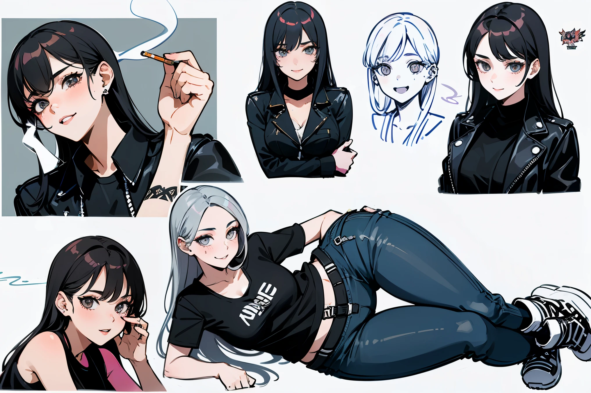 
top quality, Detailed face, Character Sheet,(((Young woman:1.5))), ((whole body:1.2)), Full of details, Multiple postures and facial expressions, very detailed, Depth, ****ung woman, without bangs, (white long hair, Gray sexy eyes, Straight hair, Black T-shirt and Leather Jacket looks, medium breasts, High neckline, strap, Suspense, Skinny black jeans, White running shoes, Rocker style, sexy smile and pose,Discolored skin, smokes a cigarette, tattoos, piercing 