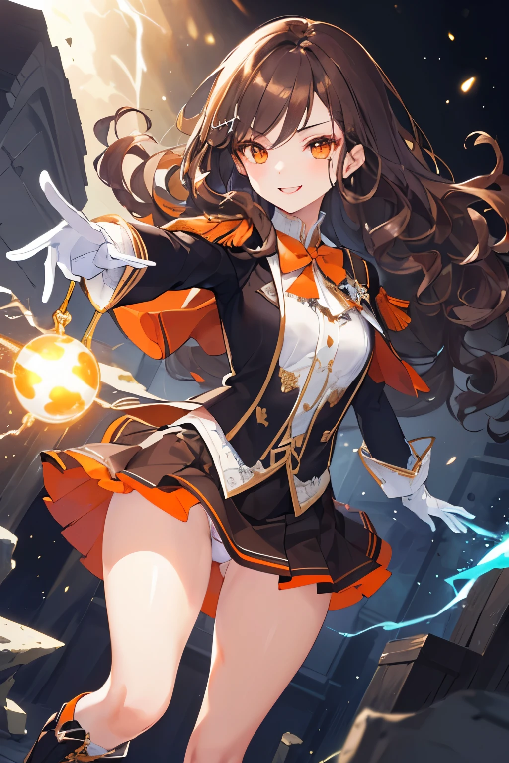(((1girl))), ((best quality)), ((masterpiece)), ((ultra-detailed)), (illustration), (detailed light), (an extremely delicate and beautiful), (beautiful detailed eyes), (sunlight), ((extremely light)), ((extremely clothes)), (((hyper detail))),(((((front lighting))))),(((((front light))))),
((((quite adorable Novice Warlock's uniform with a brief skirt)))), (((Novice Warlock))),
,
(((wavy long hair))), ((((dark brown hair)))), (((long hair))),
(((deep orange eyes))),
(whole body), aged 5 to 8, ((((())))), ((((very adorable young girl)))),
((condescending expression)), ((mischievous smile with sexual satisfaction)), (((extra adorable))), (((((extra slender shape))))),
(((((extremely beautiful detailed face))))),
(((attacking enemies by a spell of electric shock))), (((elegant magic boots))),
((Dutch angle)), (((white gloves))), ((transparent magical underskirt)), (a little bit exposed adorable white panties)