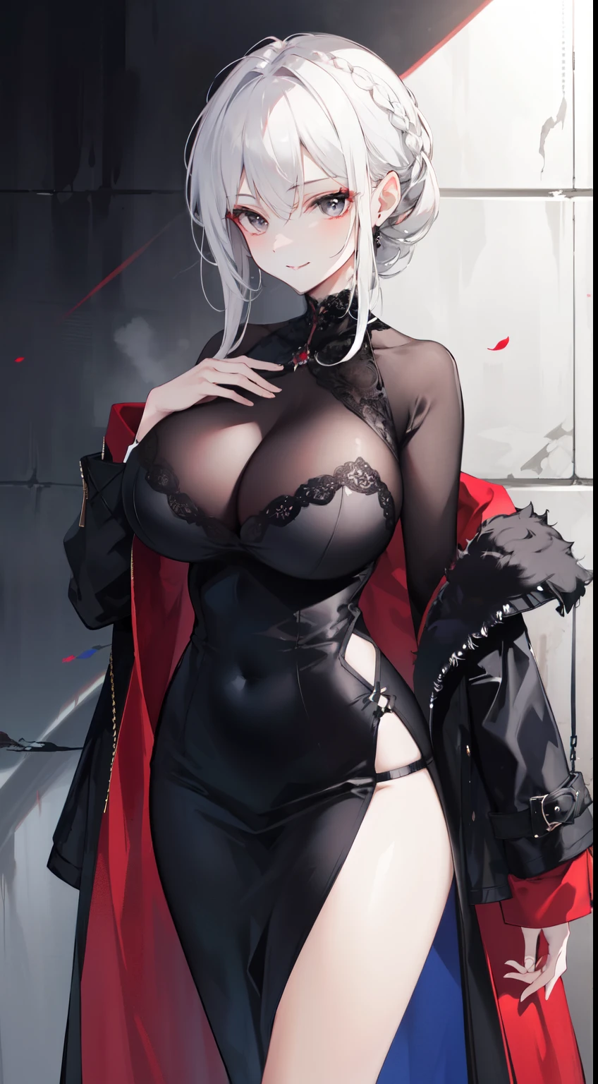 "4k, deep dark ruin without light, there's a elegant mature woman, White Hair, half braided hair, black eyes, huge breast wears elegant black casual dress and coat, she look cool, she have seductive smile."