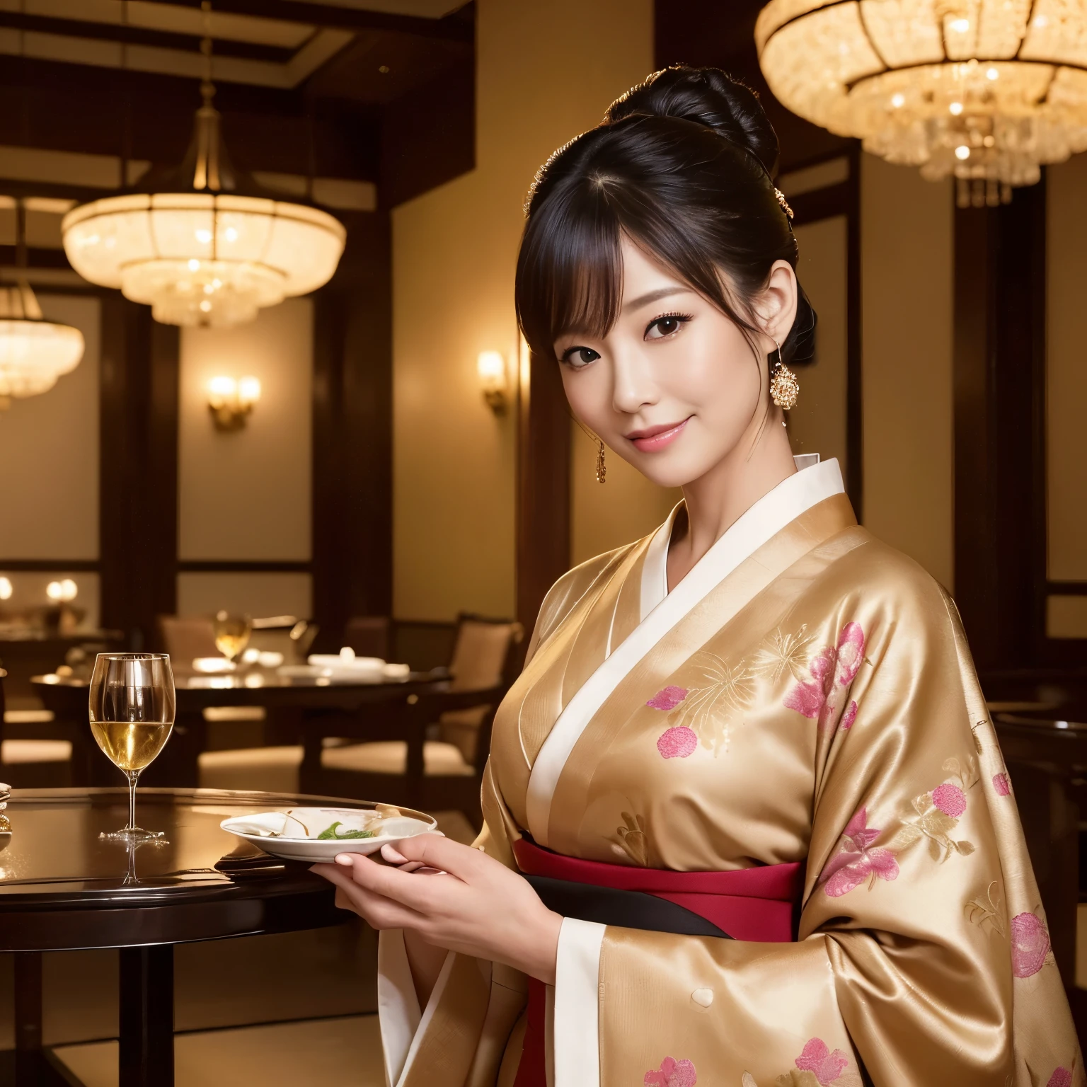 ((highest quality、table top、8K、best image quality、super fine))、1 mature woman、Photo from the waist of a woman、mature woman、45 year old mature woman、very luxurious kimono、A very elegant kimono of the highest quality、woman with elegant posture、chignon、perfect makeup、The background is a high-class restaurant.、elegant warm lighting、((Japanese-style room with very elaborate decoration、High class restaurant in Ginza、Luxury stores in Ginza、Elegant lighting、A very luxurious and detailed Japanese room、The most luxurious and elegant Japanese room、The most luxurious Japanese room in the world))、She's looking at me、Smile at me、perfect anatomy、detailed face、perfect fingers、perfect makeup