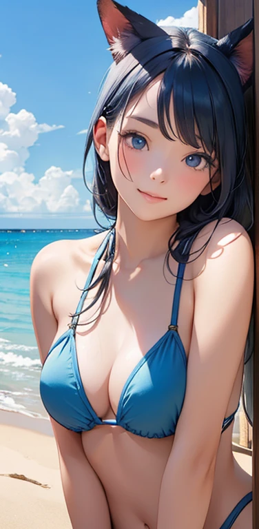 Realistic、1girl、blue hair、blue eyes、(gradient eyes),(blue enamel bikini)、happy,cute face,(face focus:1.5),upper body:1.5,beach、wallpaper