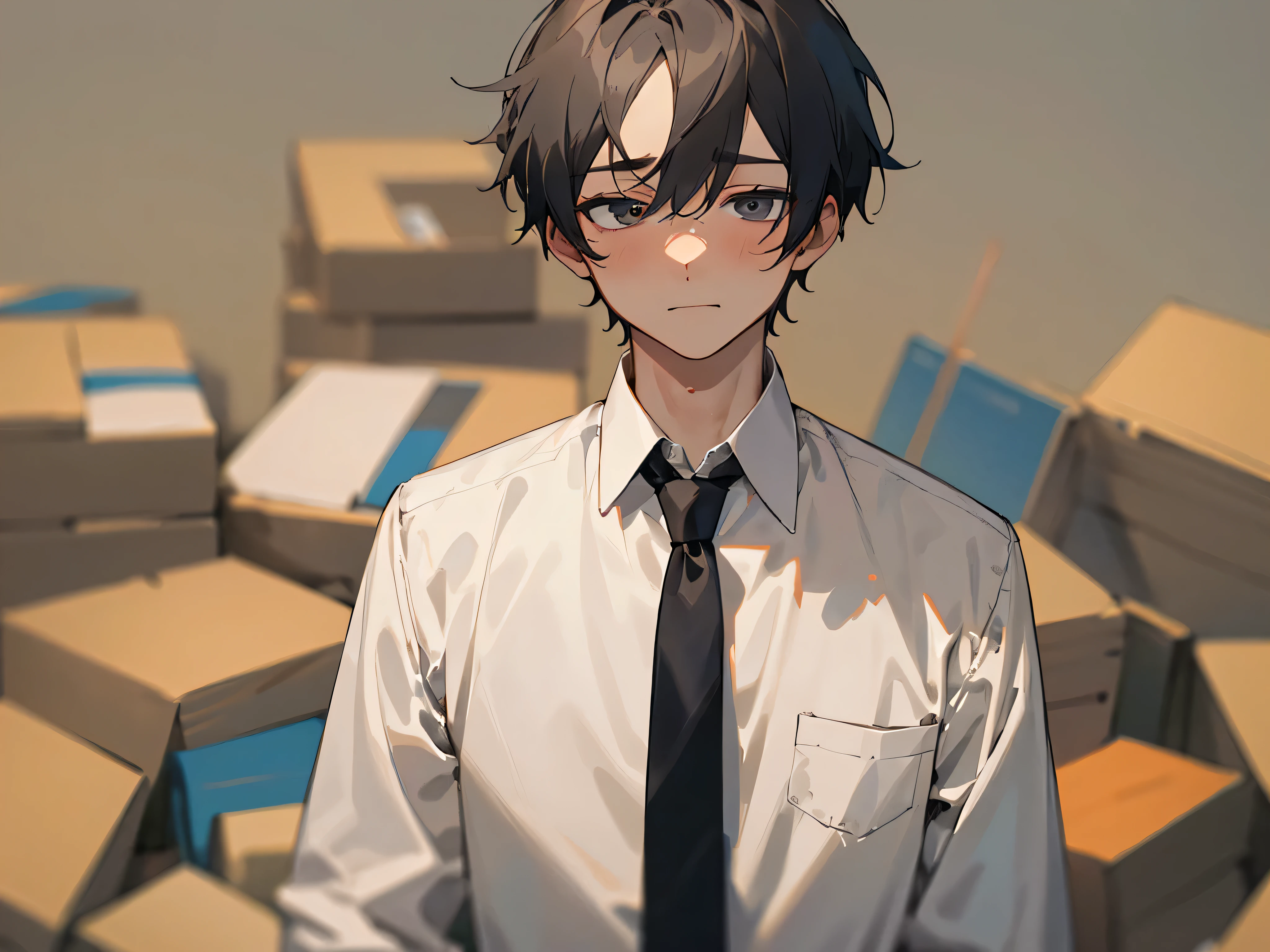 1boy,adult,bashful,tired expression,Business suit,whiteshirt,upper body,necktie,dark circles under the eyes,pants,best quaity,employee,face detail,office,(background office)