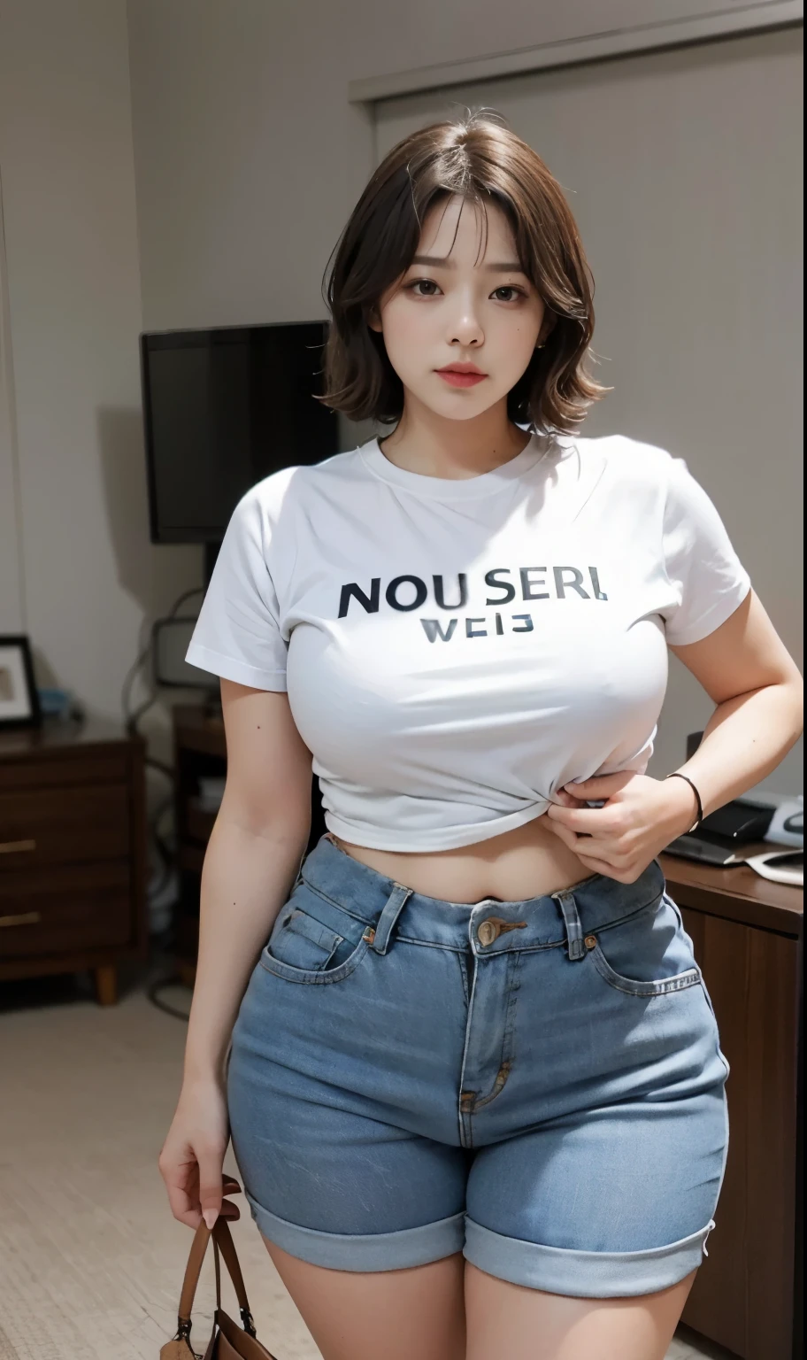 Chubby woman with fat belly and tight thighs, full body, 50-year-old mature woman, thick hips, thick neck, thick chest, big eyes,  seductive , wearing t-shirts and thight short pants 