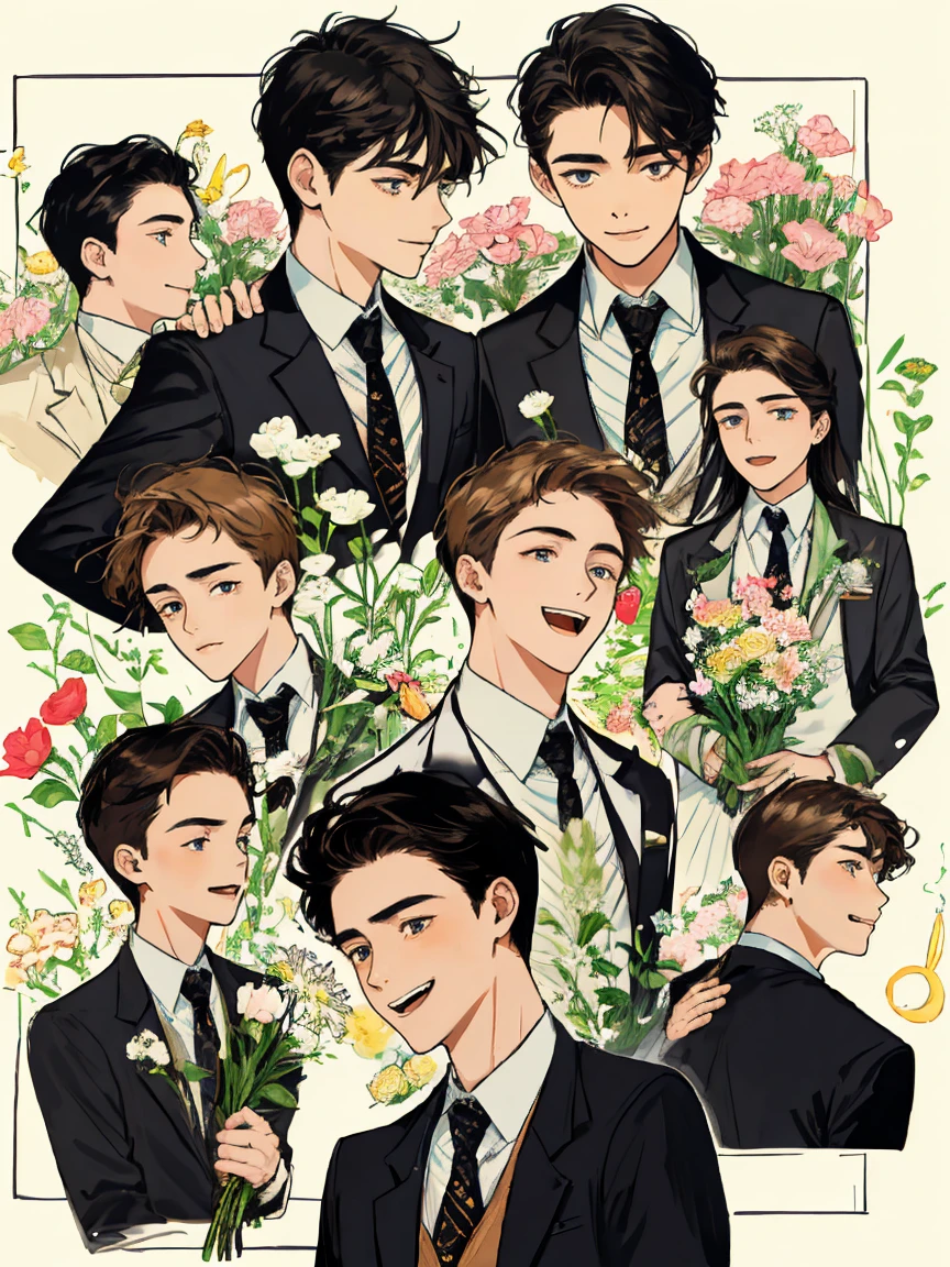 masterpiece, collage of teenage boy holding flowers, happy