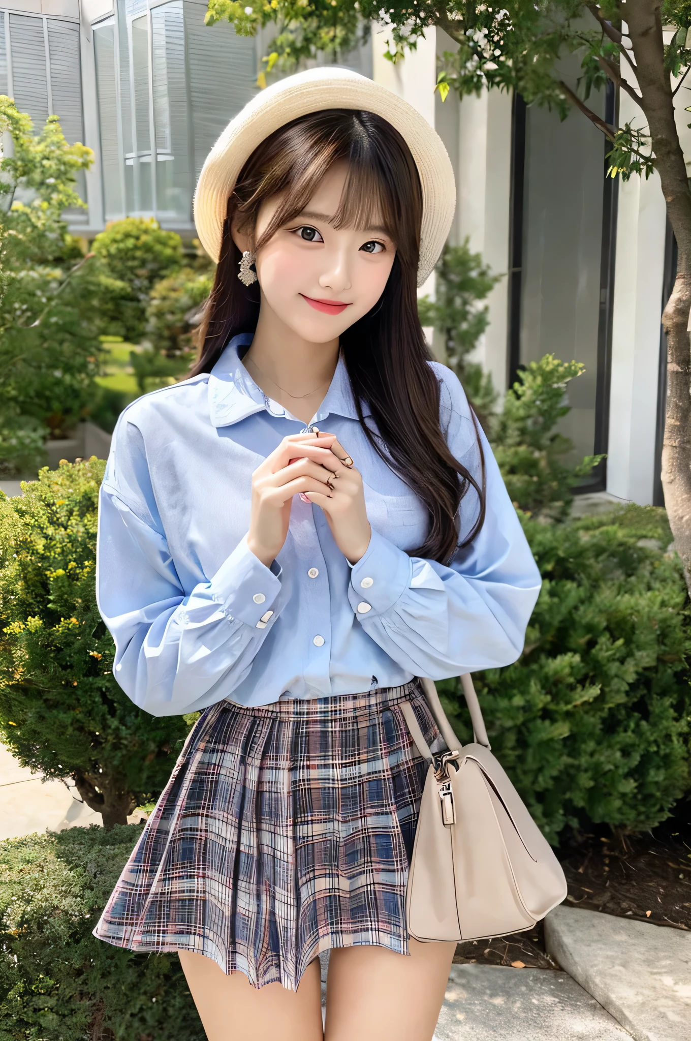 Hold Valentine's Day's day chocolate in both hands、An 18-year-old high school girl wearing a super miniskirt with a light blue plaid pattern and a white dress shirt.