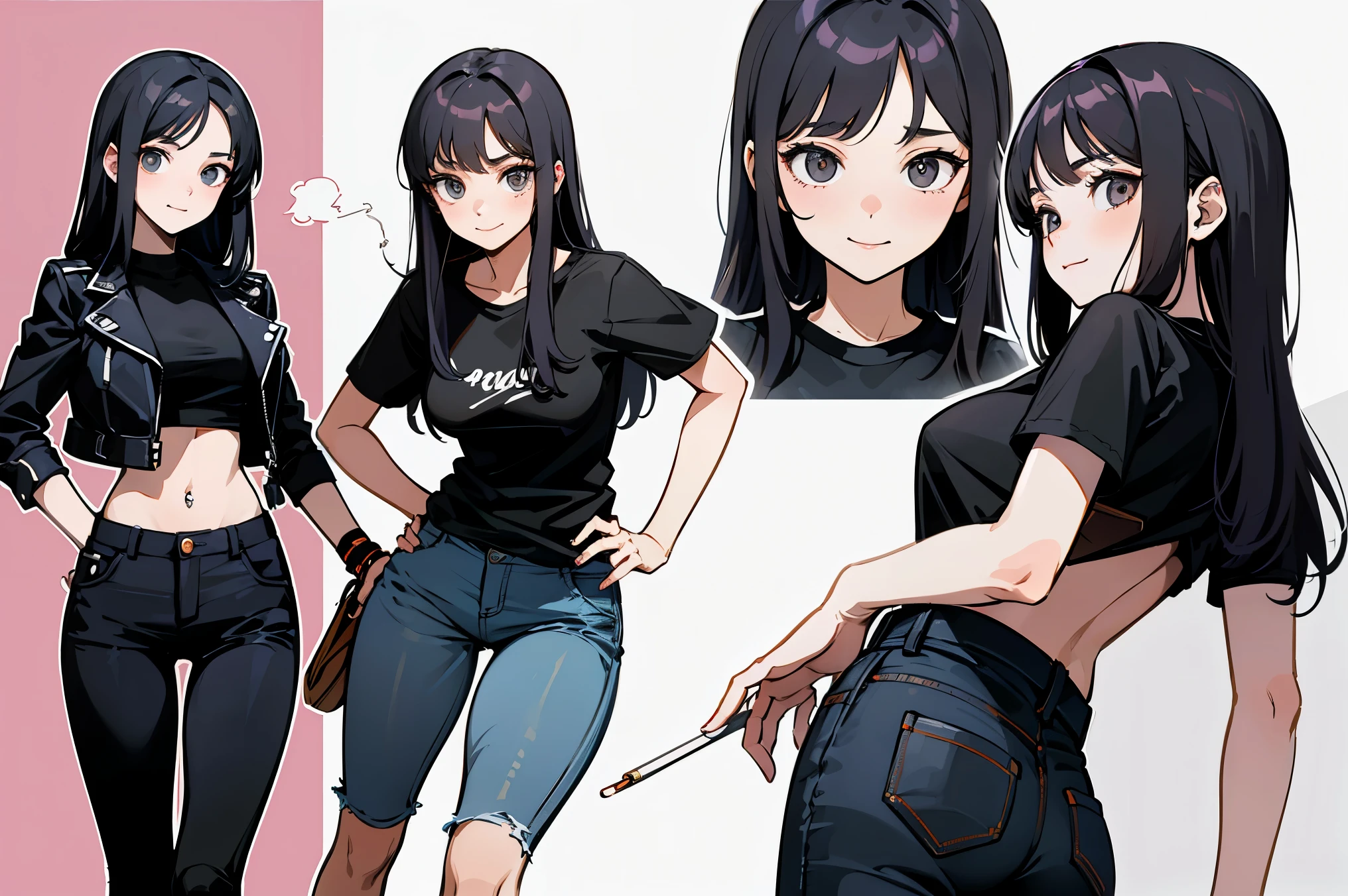 highest quality, Detailed face, Character Sheet,(((Young woman:1.5))), ((whole body:1.2)), Full of details, Multiple postures and facial expressions, very detailed, Depth, ****ung woman, without bangs, (white long hair, Gray sexy eyes, Straight hair, Black T-shirt and Leather Jacket looks, medium breasts, High neckline, strap, Waiting, Skinny black jeans, White running shoes, Rocker style, sexy smile and pose,Discolored skin, smokes a cigarette, tattoos, piercing 