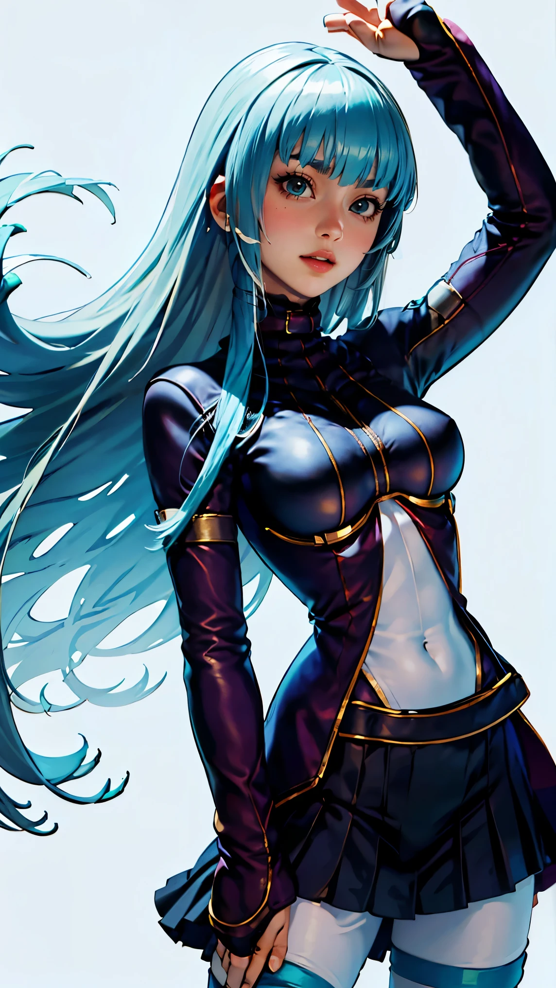 1girl, ((kula diamond:1.3)), solo, long hair, belt, simple background, breasts, blue hair, bangs, white background, sidelocks, medium breasts, ((aqua hair:1.2)), ((school uniform:1.4))