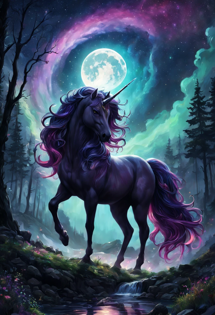 (best quality,4k,8k,highres,masterpiece:1.2),ultra-detailed,realistic:1.37,High Gothic Highly Detailed Multicolored Fantasy Unicorn under a Bright Starry Night,Mark Brooks and Dan Mumford,comic book art,perfect,smooth,flawless,exquisite,detailed line work,gold and silver foil accents,ornate patterns,delicate brush strokes,dynamic composition,dreamlike atmosphere,majestic horn and flowing mane,curved and majestic,ethereal glow,sparkling stars,dramatic lighting,glowing moon,nebulous clouds,nighttime aurora borealis,rich and vibrant colors,elegant and mesmerizing,impressive and captivating,jewel-toned palette,shadow and highlights,outer-worldly scene,enchanted forest,mystical and magical,unearthly beauty,otherworldly creature,stunning and celestial,transcendent and mythical