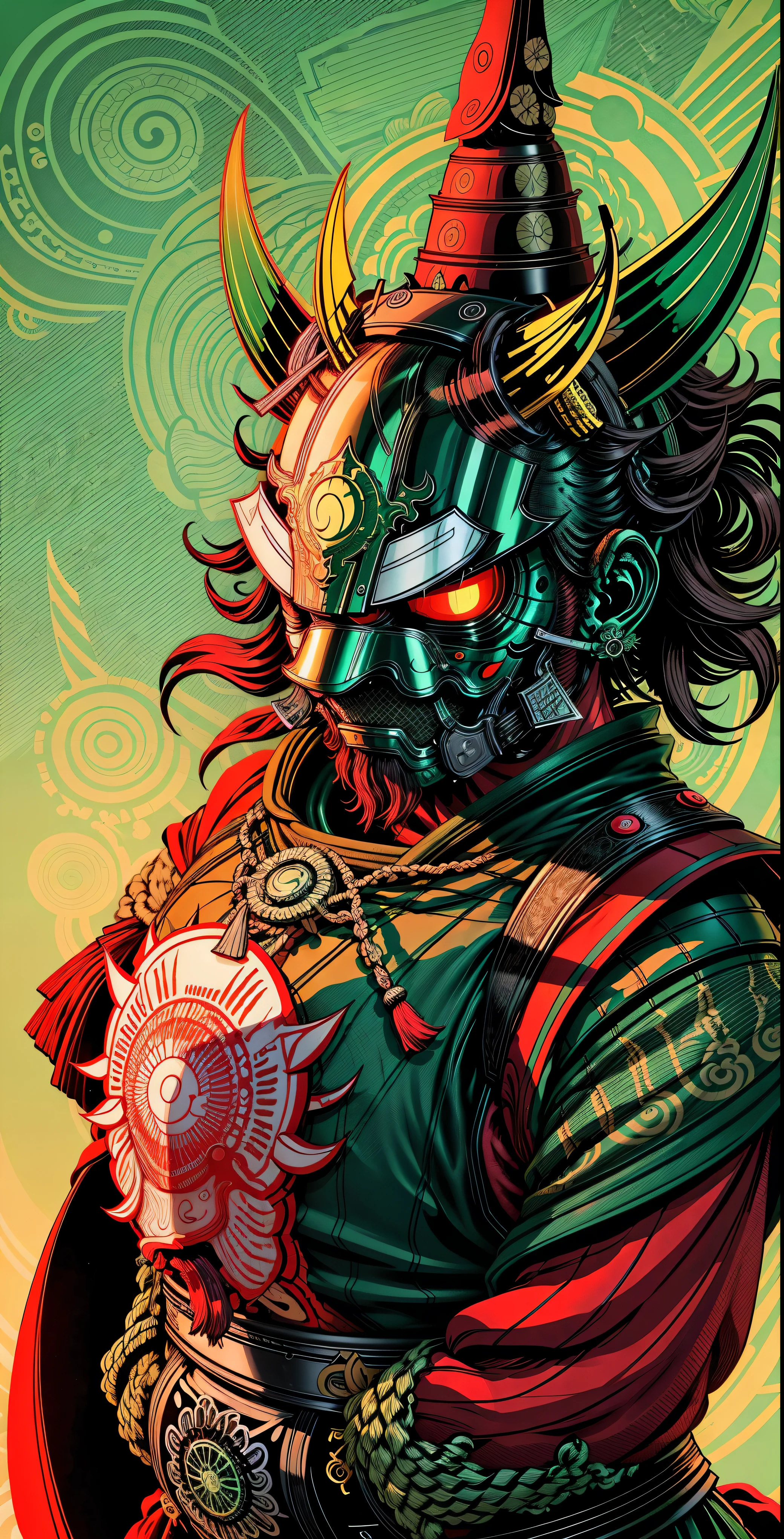 male warrior Mask Style、illustrator、​masterpiece、hightquality、8k、hight resolution、high-detail、japanse, green female Samurai,  green color combinations