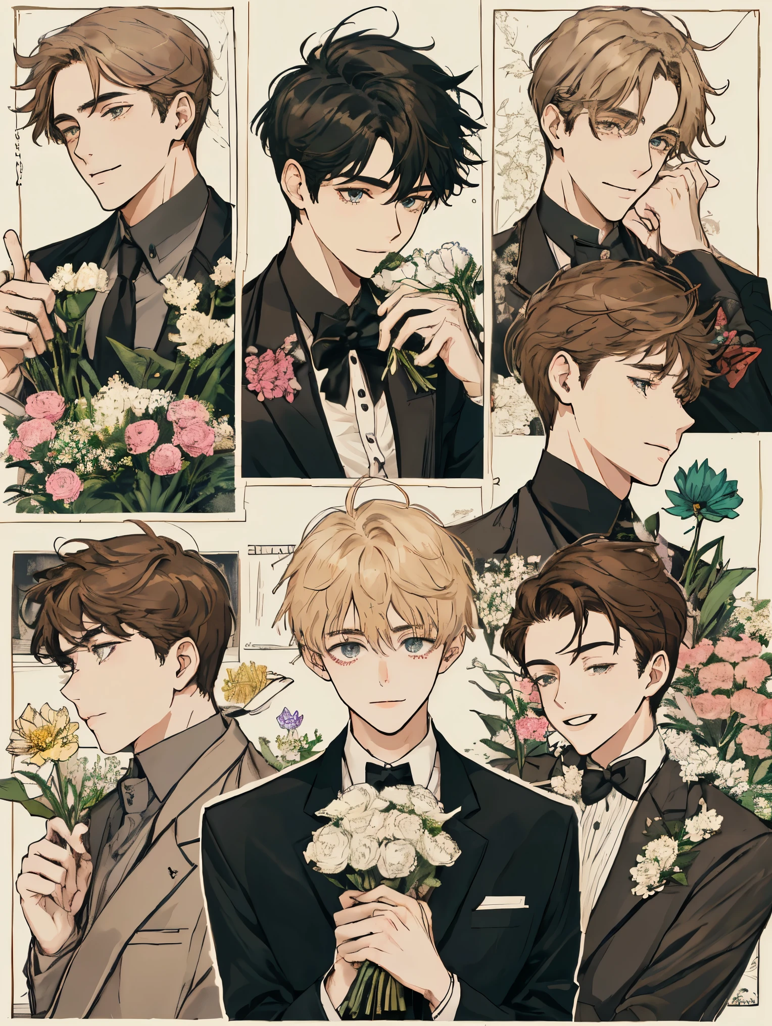 masterpiece, collage of teenage boy holding flowers, happy