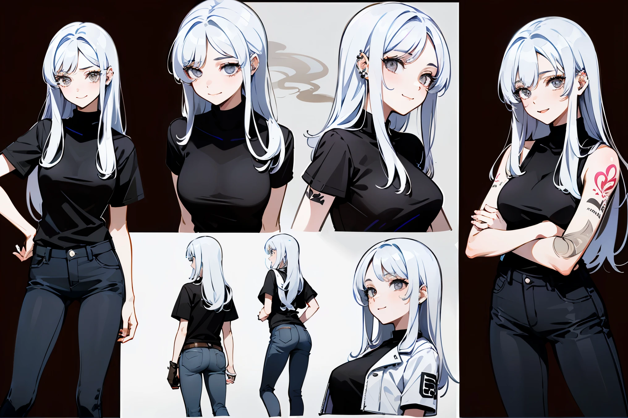 highest quality, Detailed face, Character Sheet,(((Young woman:1.5))), ((whole body:1.2)), Full of details, Multiple postures and facial expressions, very detailed, Depth, ****ung woman, without bangs, (white long hair, Gray sexy eyes, Straight hair, Black T-shirt and Leather Jacket looks, medium breasts, High neckline, strap, Waiting, Skinny black jeans, White running shoes, Rocker style, sexy smile and pose,Discolored skin, smokes a cigarette, tattoos, piercing 