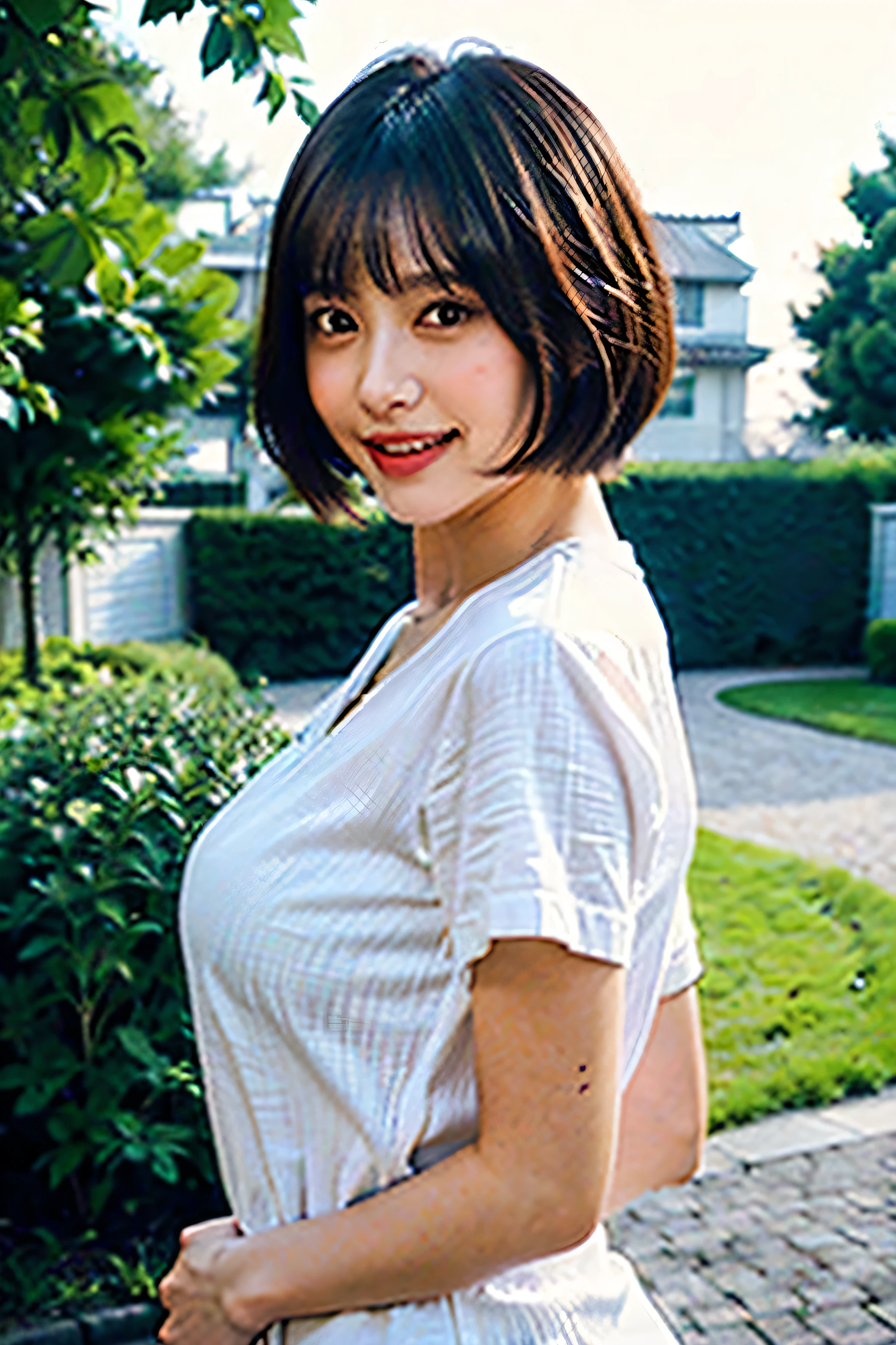 ((8K:1.27)、highest quality、masterpiece、ultra high resolution:1.2)beautiful chinese woman in photo(fun:1.1) (shirt:1.21) grace、There is a product、gradient lighting、1 girl、delicate skin、Look at this、brown eyes、(short hair with bangs:1.2)、(big breasts:1.0)、(medium areola:0.8)、(realistic:1.4)、(highest quality:1.0)、(ultra high resolution:1.0)、8K、RAW photo、(masterpiece:0.2)、(face to face with the children_v1:0.5)、 White linen clothes、No sleeve、Kamimei、excited look、red cheeks、do you need it?、While watching this、garden、night、Squirting、street light、Pitch darkness、night深く、landscape、big ass、angle from the side、lean、big breasts、laughter、