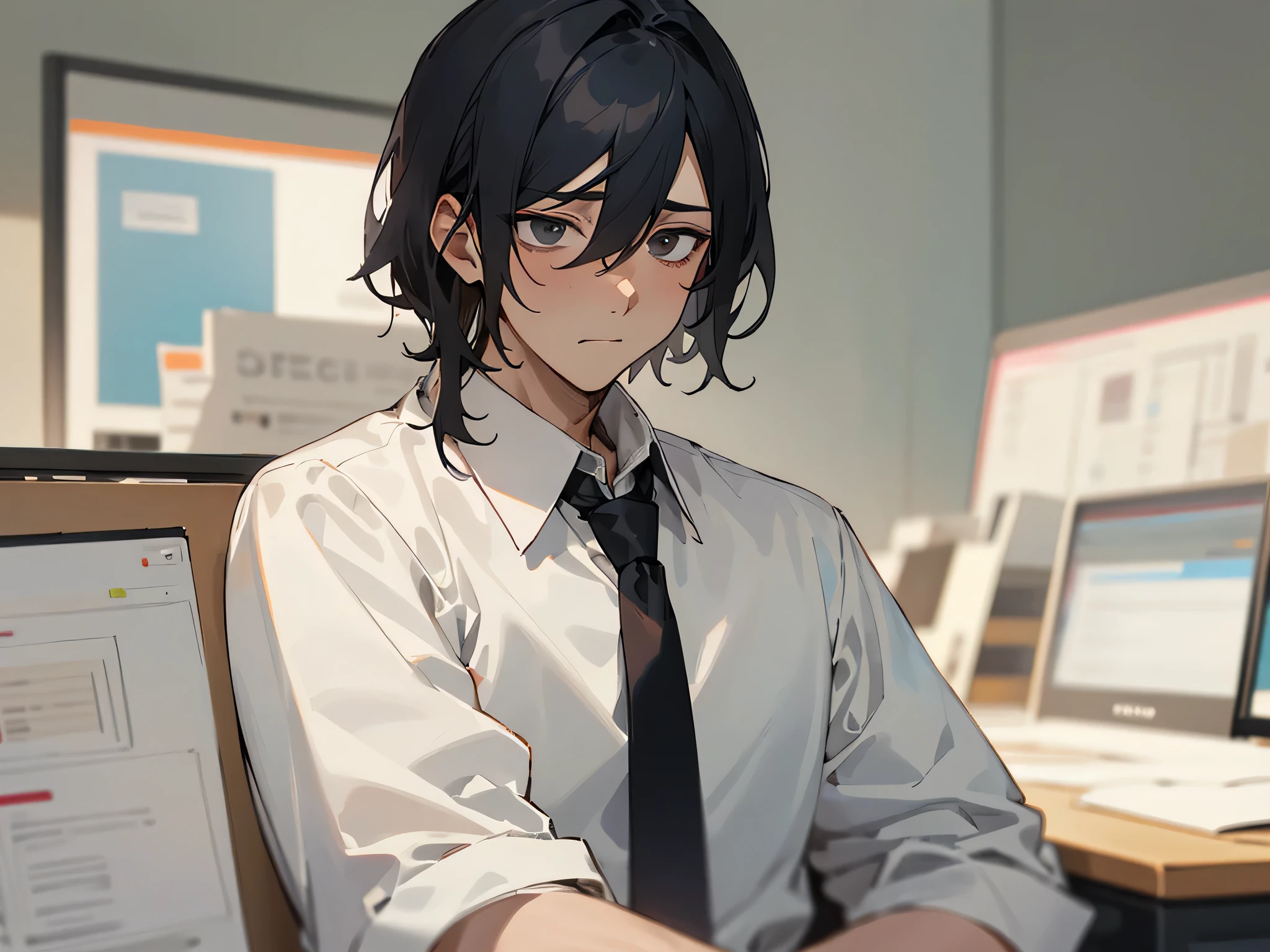 boy,adult,bashful,tired expression,Business suit,whiteshirt,upper body,necktie,dark circles under the eyes,pants,best quaity,employee,face detail,office,(background office)