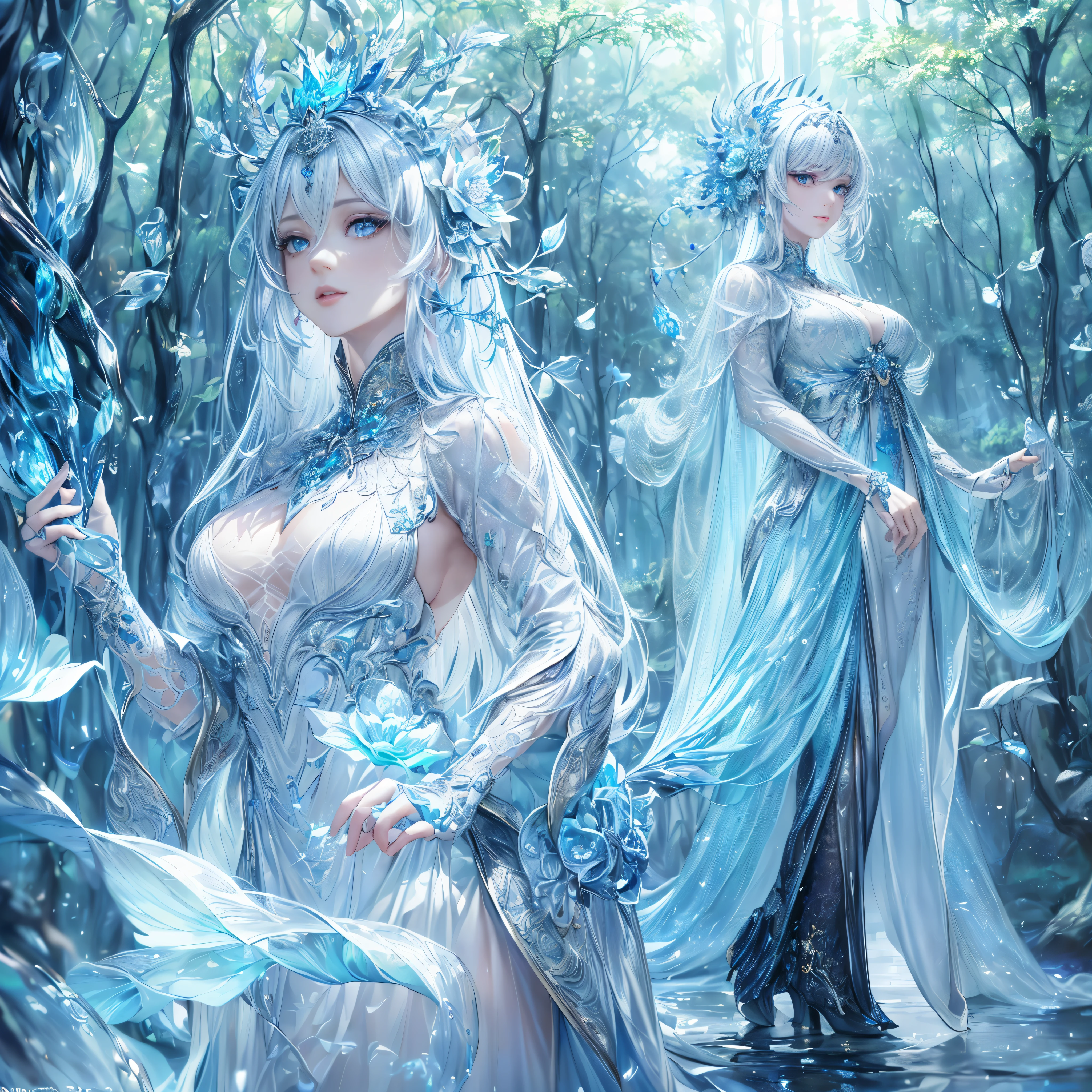 (masterpiece、highest quality, 8K, cg, very detailed, standing woman, water dragon dress,white high heels、 forest background, detailed facial features, elegant black long hair, Almond blue eyes, detailed eye makeup, long fluttering eyelashes, blinking eyes, twinkling stars, intricate lip details, soft and harmonious style,whole body、)
