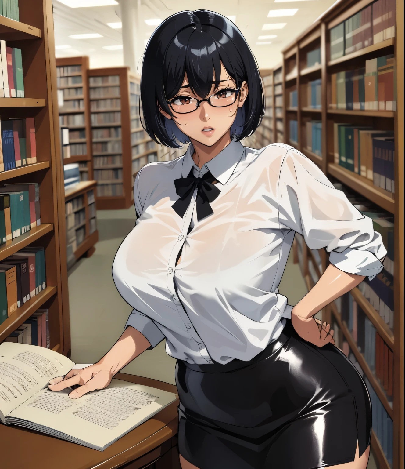 (library)、Super detailed illustrations、Super precise expression、masterpiece、highest quality、ultra high resolution、high resolution、(Sweat、body fluid)、shiny skin、(black hair、short cut hair、glasses)、shirt、Standing picture、Tight Skirt、