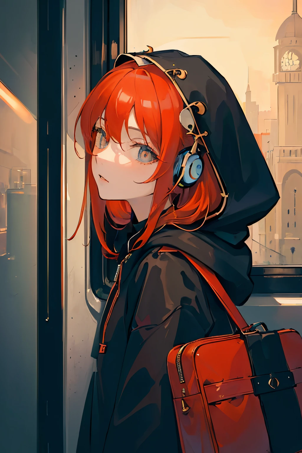 (masterpiece, side light, Super detailed, Delicate and beautiful eyes: 1.2), 1 girl, Bag, architecture, from the side, earphone, hood, hood down, hooded jacket, hoodie, jacket, long hair, Orange skull, Red hair, alone, train, train interior, Upper body, masterpiece, best quality