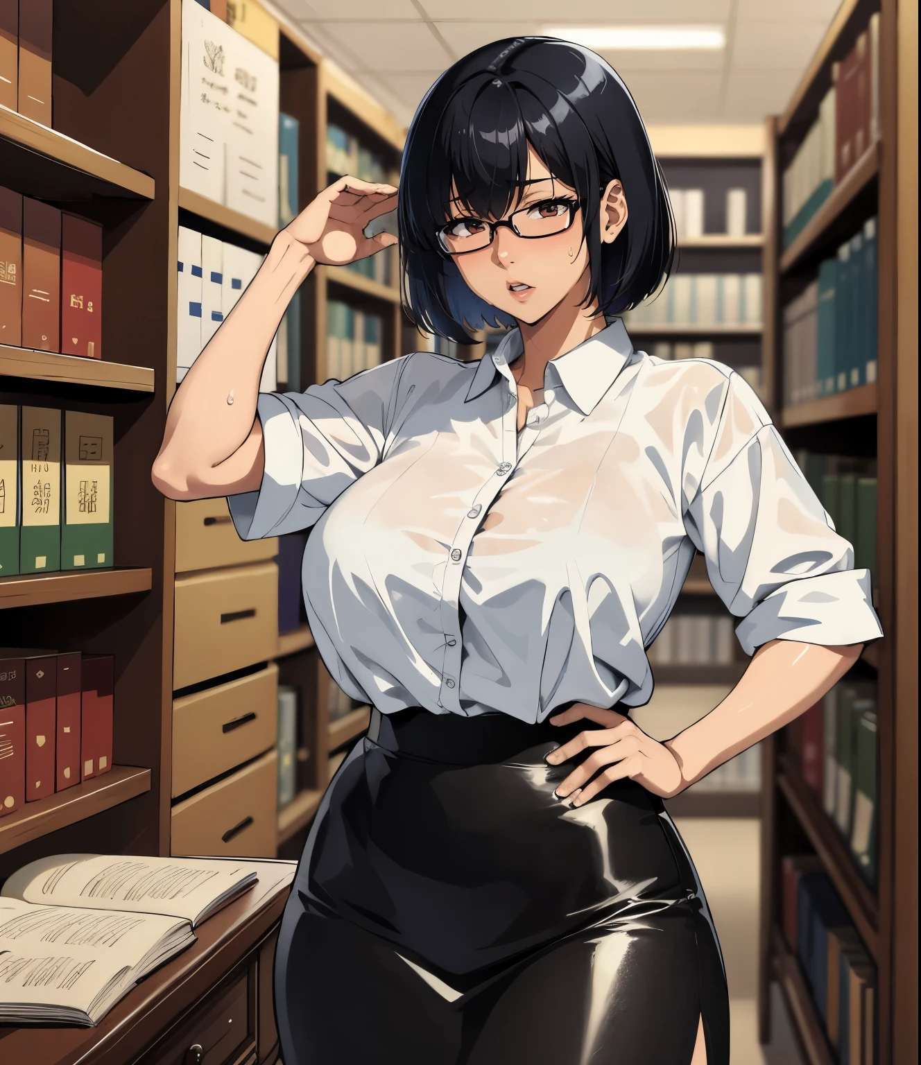 (library)、Super detailed illustrations、Super precise expression、masterpiece、highest quality、ultra high resolution、high resolution、(Sweat、body fluid)、shiny skin、(black hair、short cut hair、glasses)、shirt、Standing picture、Tight Skirt、