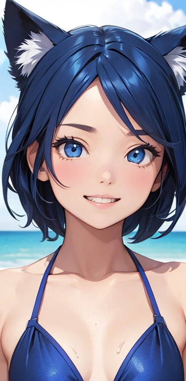 Realistic、1girl、blue hair、blue eyes、(gradient eyes),(blue enamel bikini)、grin,forehead,cute face,(face focus:1.3),upper body:1.5,beach、wallpaper