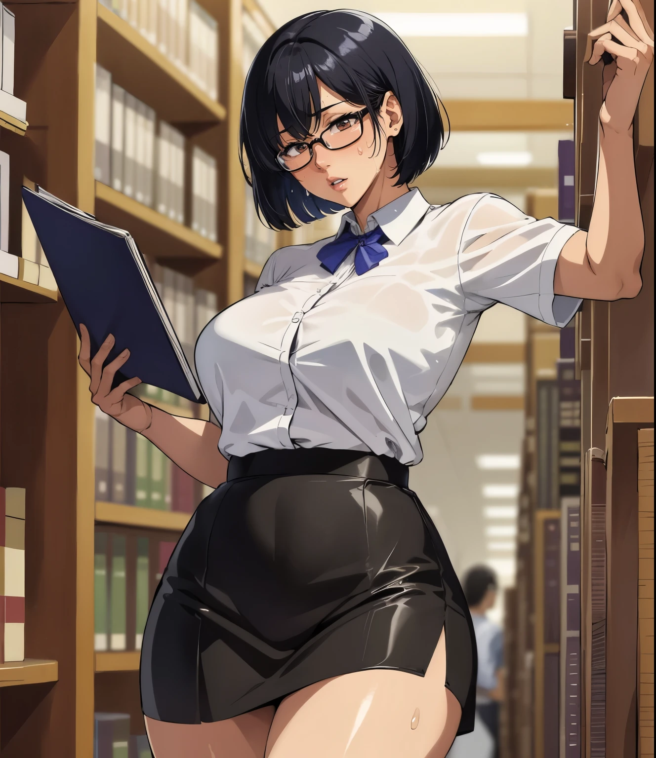 (library)、Super detailed illustrations、Super precise expression、masterpiece、highest quality、ultra high resolution、high resolution、(Sweat、body fluid)、shiny skin、(black hair、short cut hair、glasses)、shirt、Standing picture、skirt、