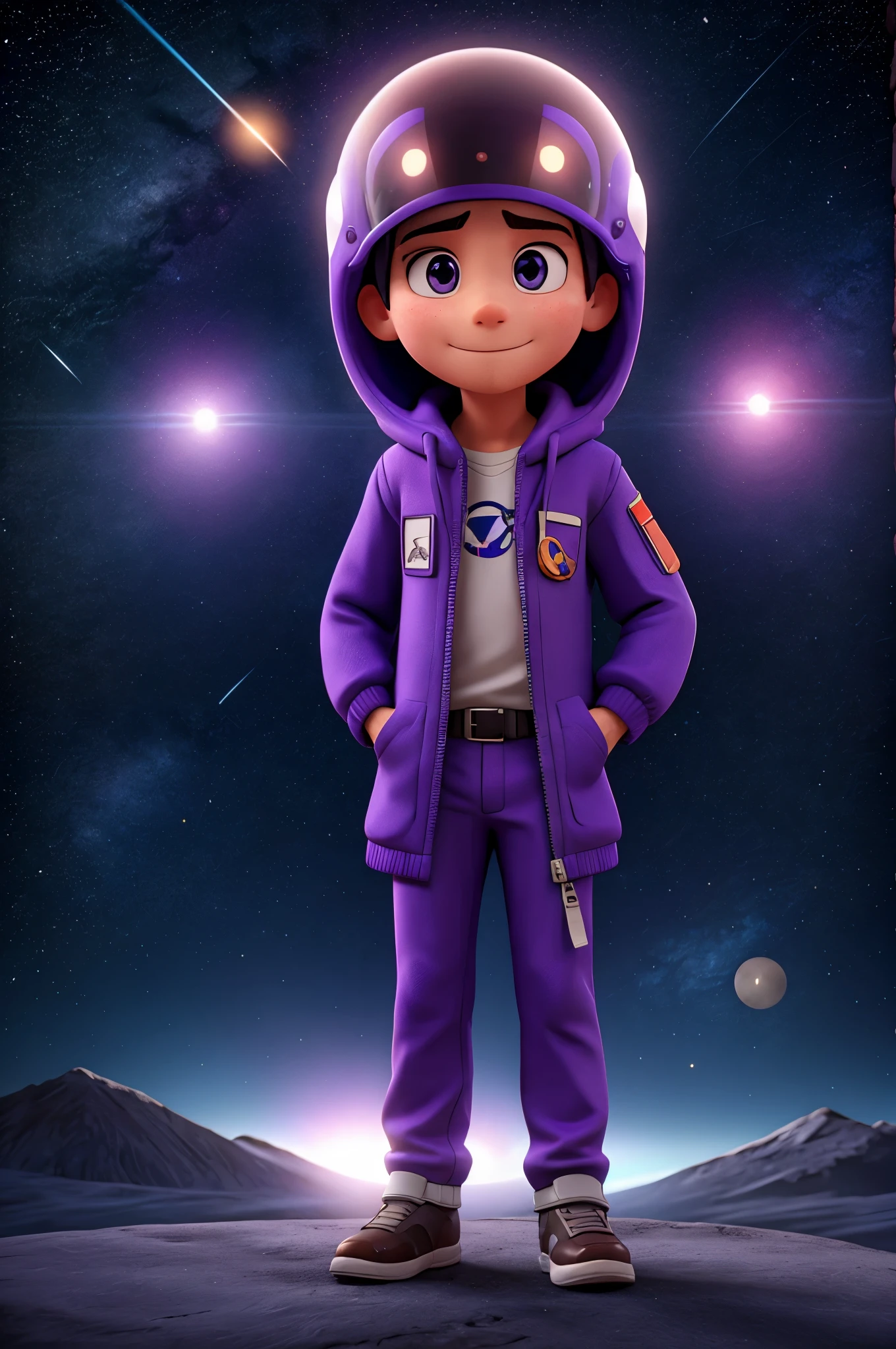 Male astronaut, wearing a purple astronaut suit, hood covering the head, with a glass mask reflecting the galaxy