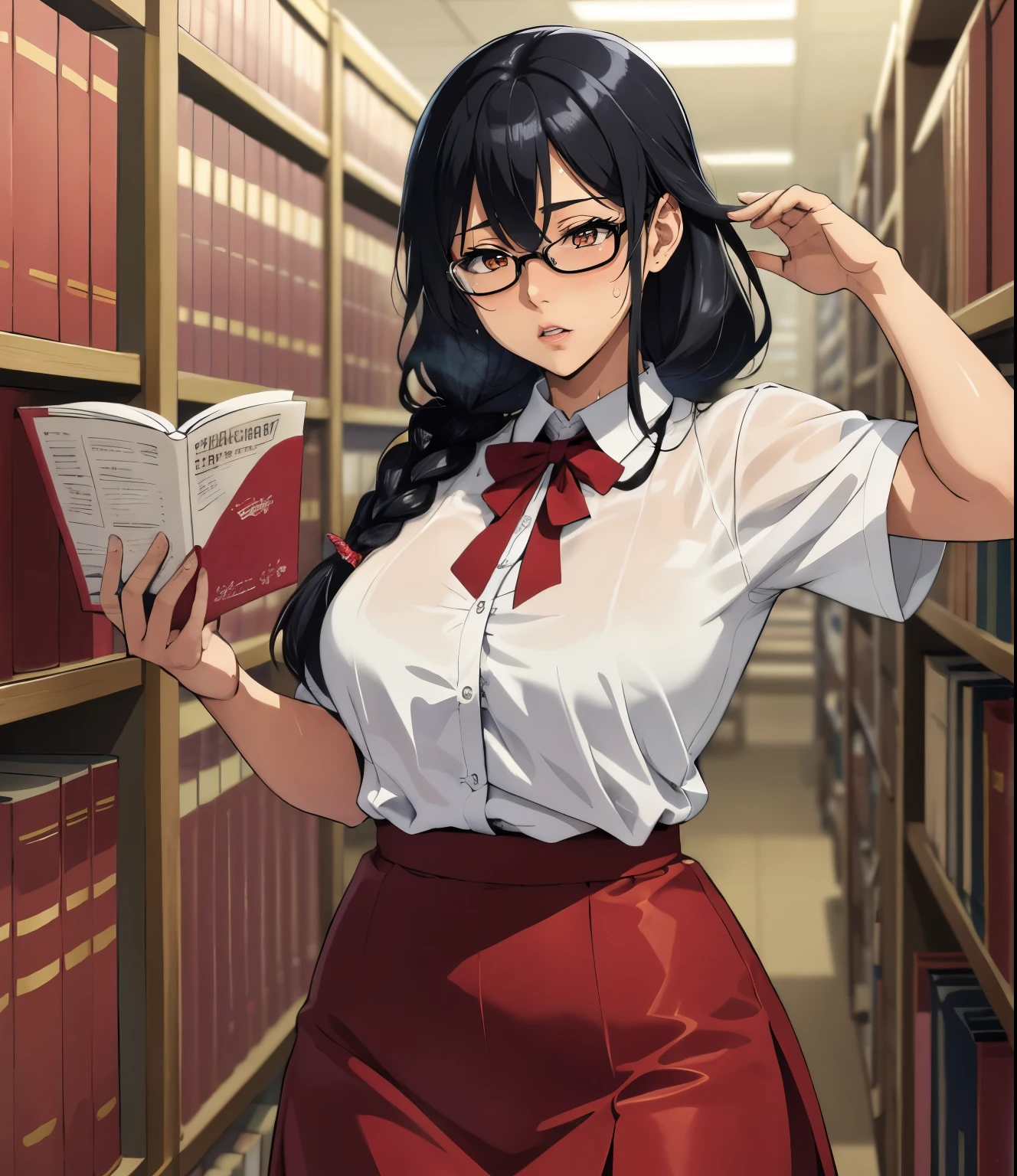 (library)、Super detailed illustrations、Super precise expression、masterpiece、highest quality、ultra high resolution、high resolution、(Sweat、body fluid)、shiny skin、(black hair、long hair、Braid、glasses)、shirt、Standing picture、skirt、hands behind、