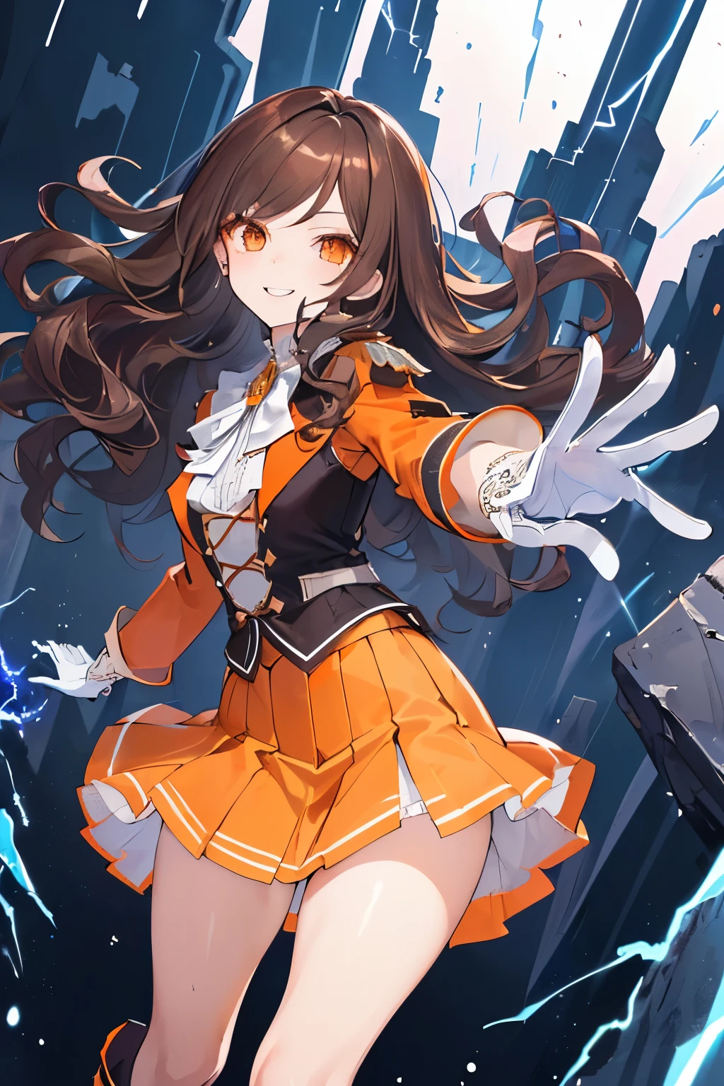 (((1girl))), ((best quality)), ((masterpiece)), ((ultra-detailed)), (illustration), (detailed light), (an extremely delicate and beautiful), (beautiful detailed eyes), (sunlight), ((extremely light)), ((extremely clothes)), (((hyper detail))),(((((front lighting))))),(((((front light))))),
((((quite adorable Novice Warlock's uniform with a brief skirt)))), (((Novice Warlock))),
,
(((wavy long hair))), ((((dark brown hair)))), (((long hair))),
(((deep orange eyes))),
(whole body), aged 5 to 8, ((((())))), ((((very adorable young girl)))),
((condescending expression)), ((mischievous smile with sexual satisfaction)), (((extra adorable))), (((((extra slender shape))))),
(((((extremely beautiful detailed face))))),
(((attacking enemies by a spell of electric shock wave))), (((elegant magic boots))),
((Dutch angle)), (((white gloves))), ((transparent magical underskirt)), (a little bit exposed adorable white panties)