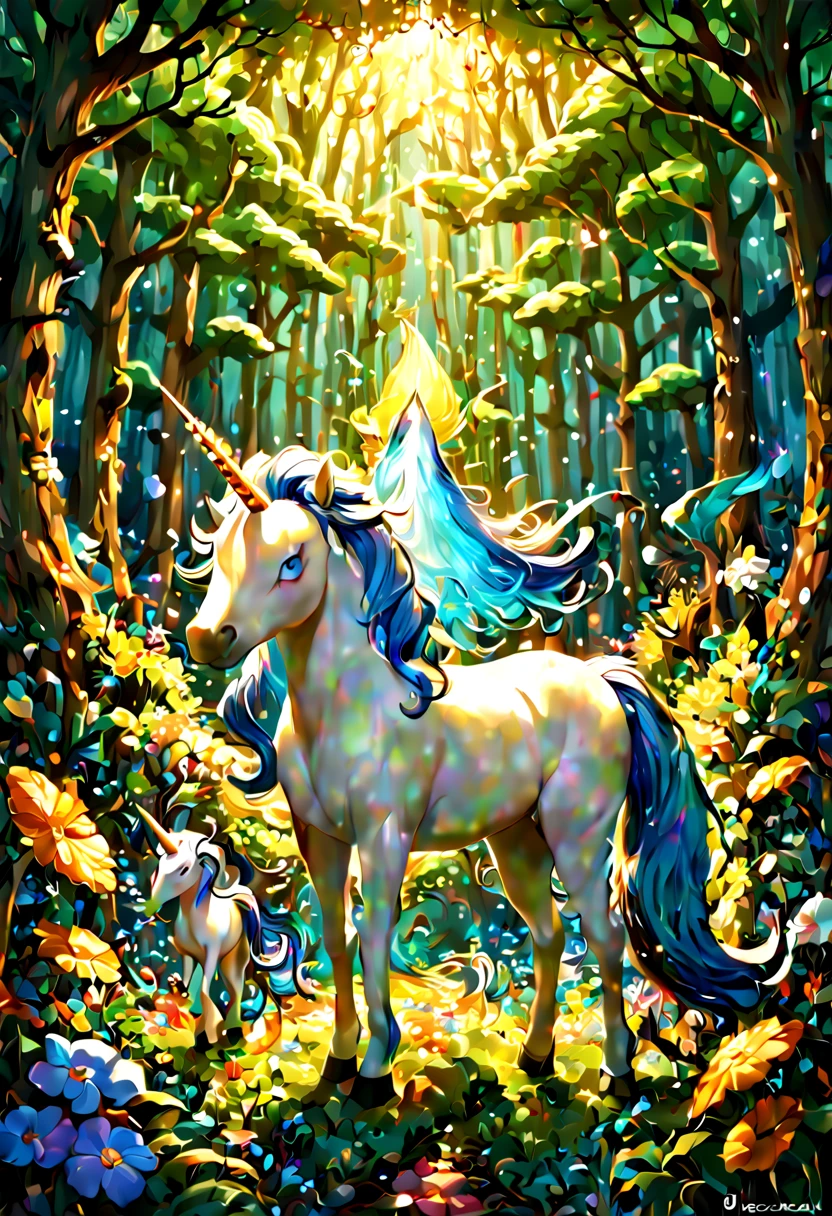 (Fantasy Unicorn:1.5), bronze filigree, intricate hyperdetailed painting by Jonas De Ro, Gustave Klimt clouds, Ismail Inceoglu, Huang Guangjian, CGSociety, ZBrush Central, fantasy art, album cover art, 8k resolution, intricately beautiful, forest, glitter, fireflies, magical atmosphere, intense glow, cool color scheme, high definition, detailed matte painting, deep color, fantastical, intricate detail, splash screen, complementary colors, fantasy concept art, 8k resolution trending on Artstation Unreal Engine 5