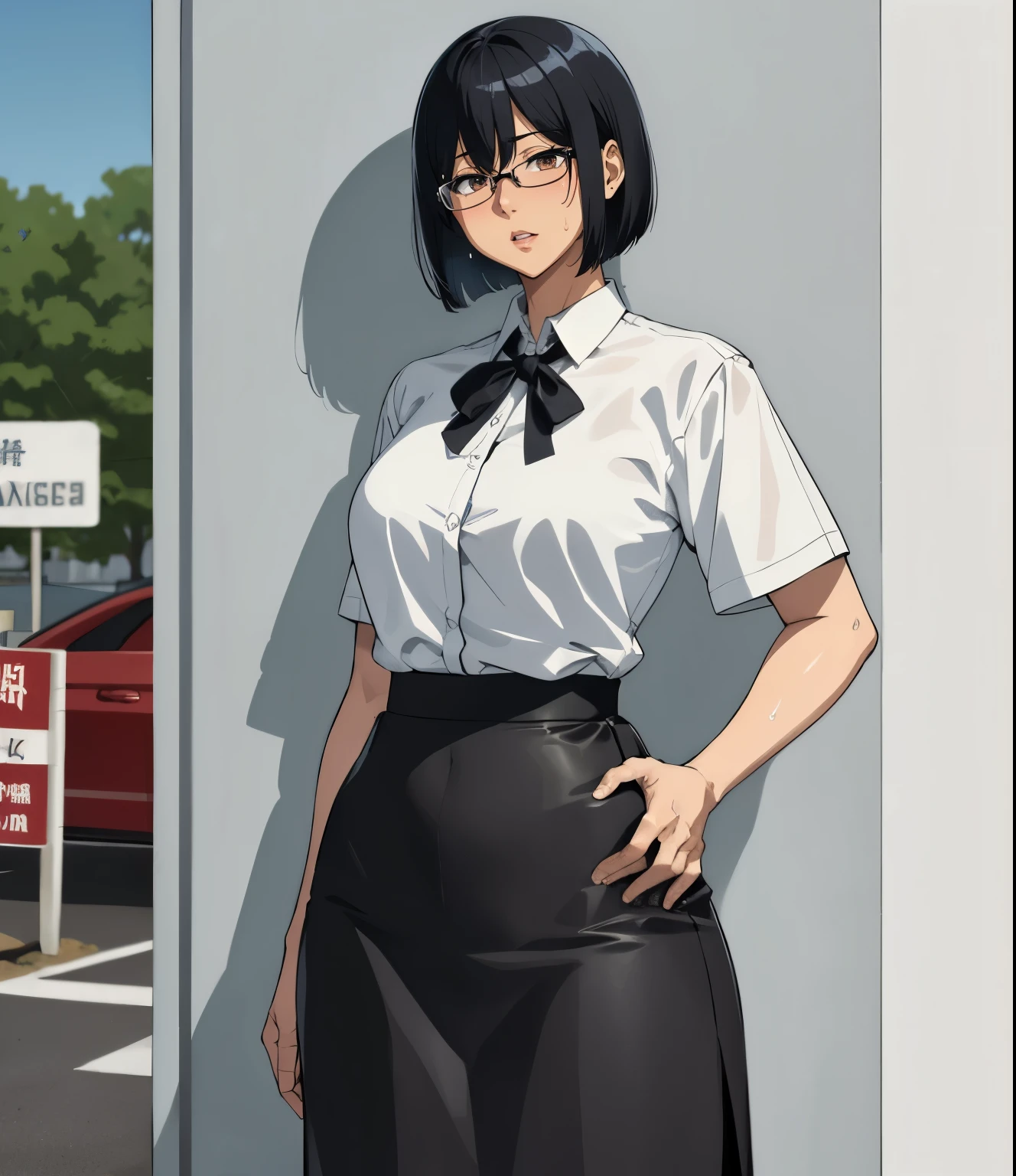 (roadside)、Super detailed illustrations、Super precise expression、masterpiece、highest quality、ultra high resolution、high resolution、(Sweat、body fluid)、shiny skin、(black hair、short cut hair、glasses)、shirt、Standing picture、skirt、Hands behind your hips、