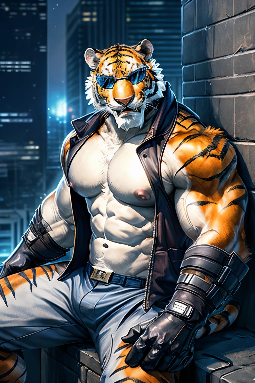 2d, masterpiece, best quality, 4k, 8k, ultra highres, raw photo in hdr, sharp focus, photo realism, real life like, detailed background,  Tiger anthro,(King sit against a wall), (sunglasses, orange fur, gloves), vest, (big pink nipples, abs), muscular male, in a night city, detailed background, hi res, (by null-ghost, by thebigslick, by darkgem, by honovy),