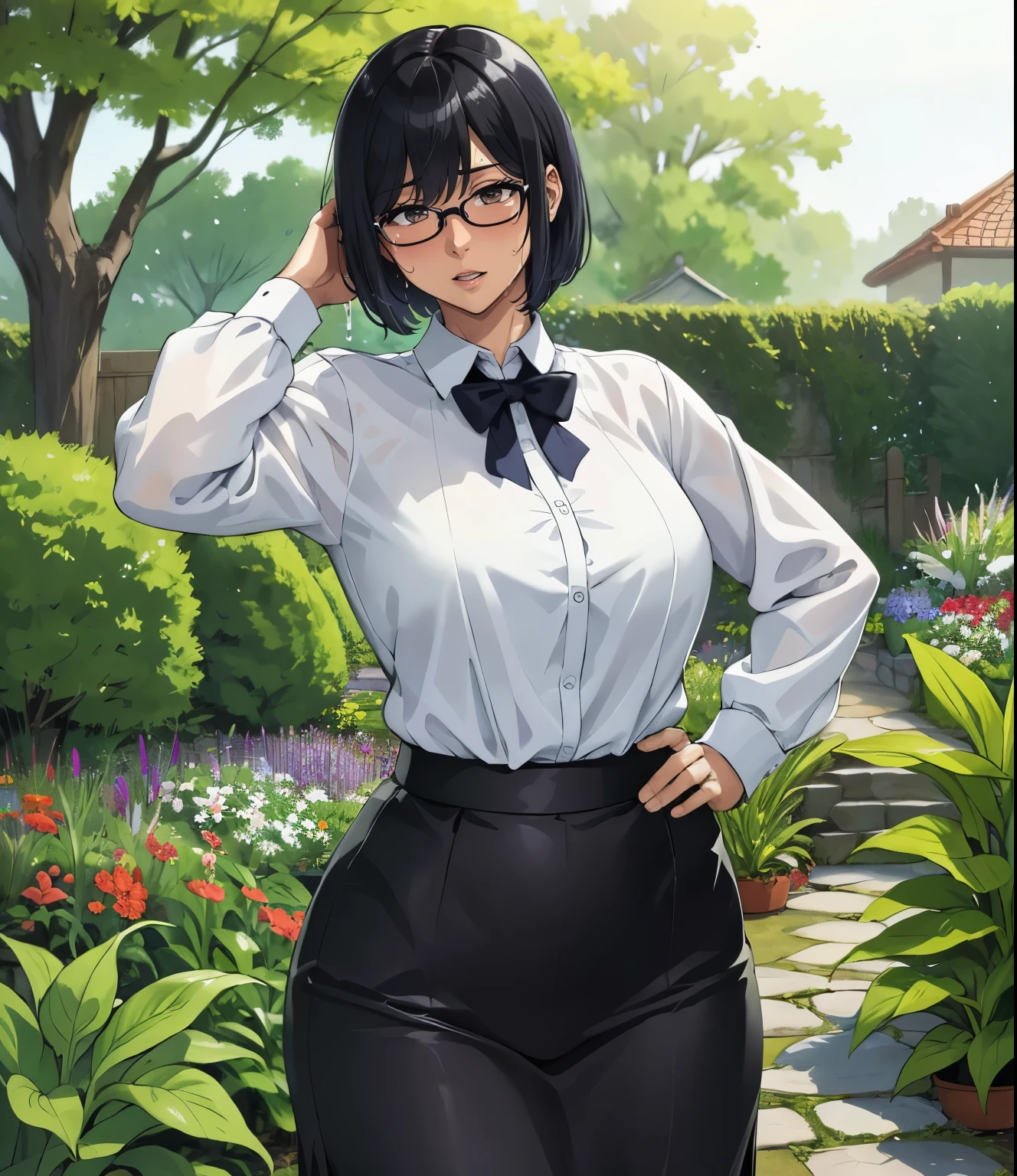 (garden)、Super detailed illustrations、Super precise expression、masterpiece、highest quality、ultra high resolution、high resolution、(Sweat、body fluid)、shiny skin、(black hair、short cut hair、glasses)、shirt、Standing picture、skirt、Hands behind your hips、