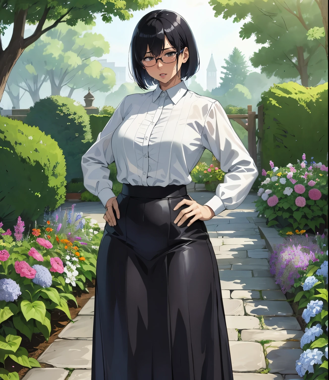 (garden)、Super detailed illustrations、Super precise expression、masterpiece、highest quality、ultra high resolution、high resolution、(Sweat、body fluid)、shiny skin、(black hair、short cut hair、glasses)、shirt、Standing picture、skirt、Hands behind your hips、