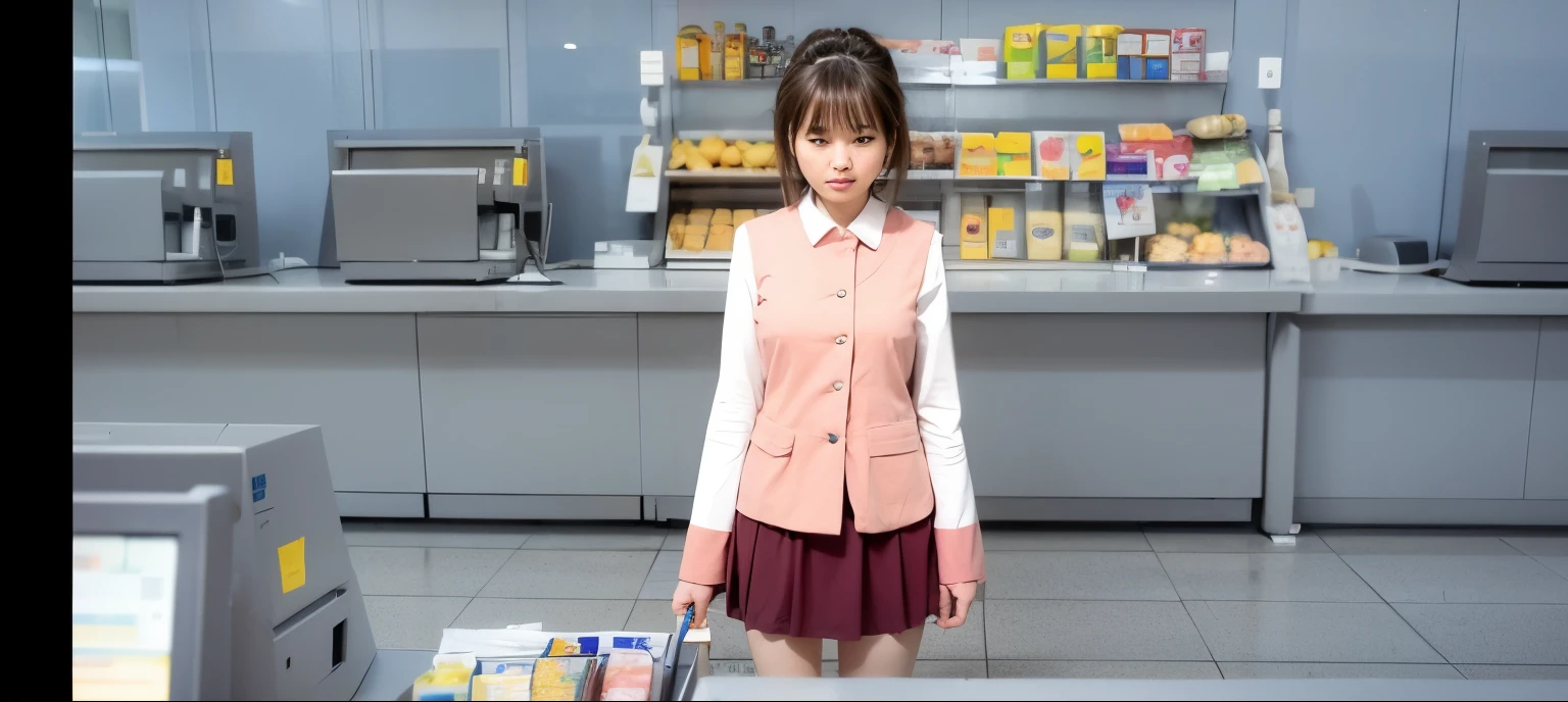 Japanese woman, brown hair, grocery store, blue eyes