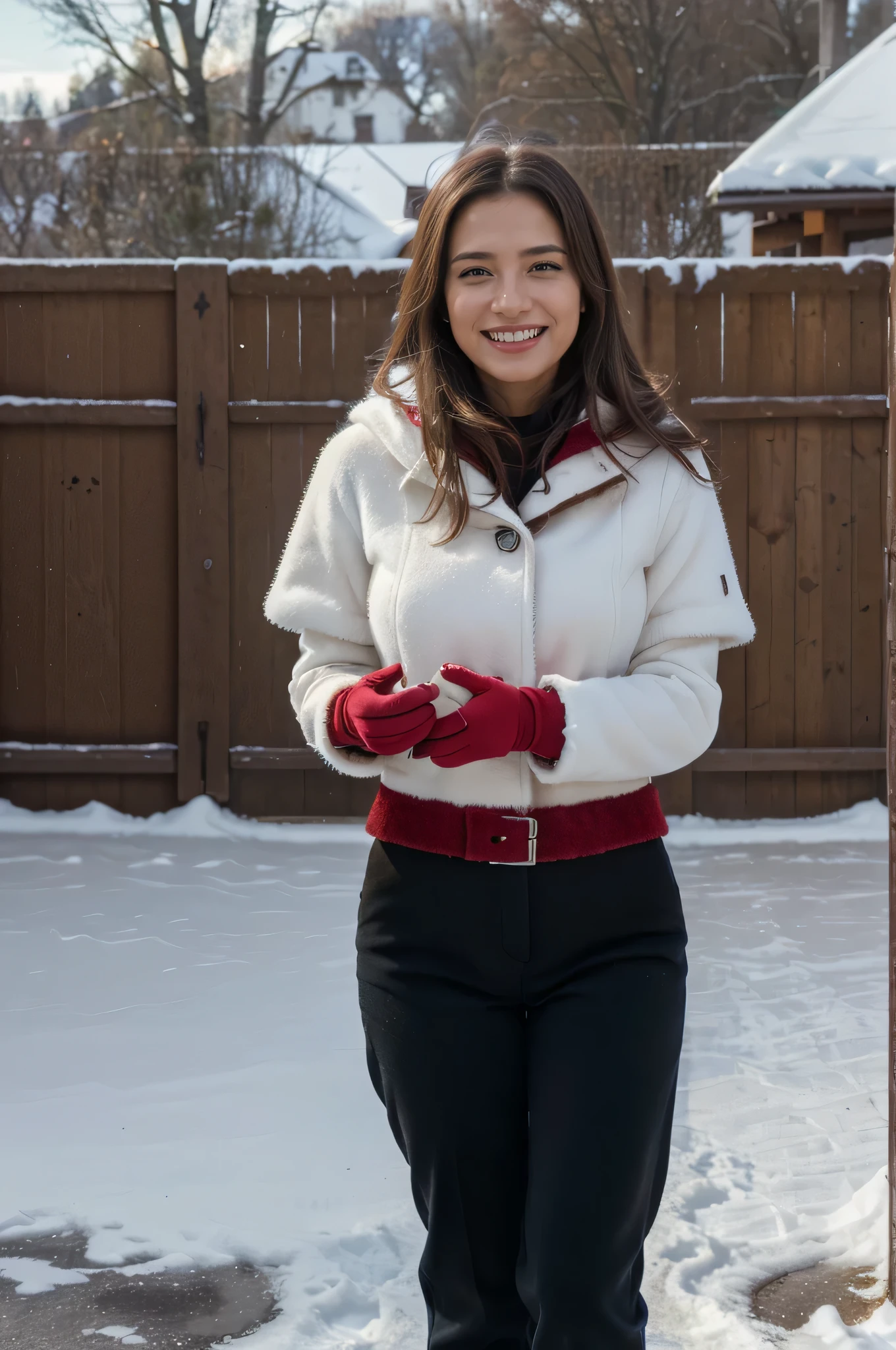 (medium quality, 1080 Megapixel, half resolution, half resolution:1.2), (Fachmann, Realist, fotorRealist:1.37), latina frau, (entspannt, ruhig, Lachen,heiter), Landschaft Frankreich, no visible hands, roter Wintermantel, Lange schwarze Hose,Winterhandschuhe