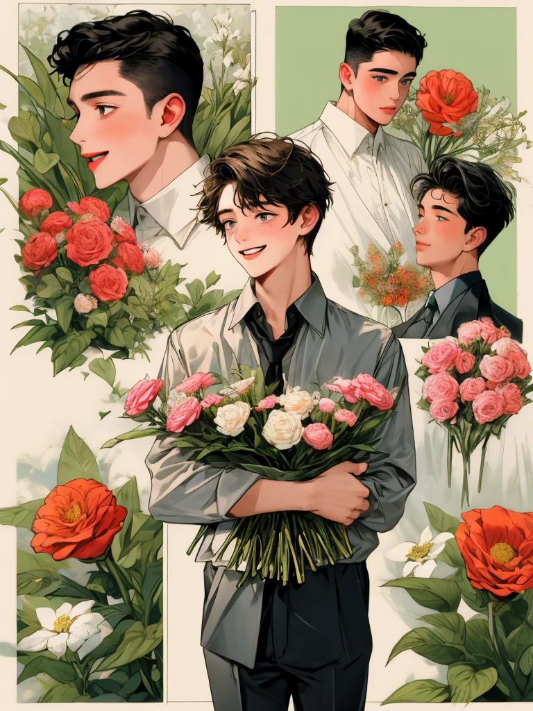 masterpiece, collage of teenage boy holding flowers, happy